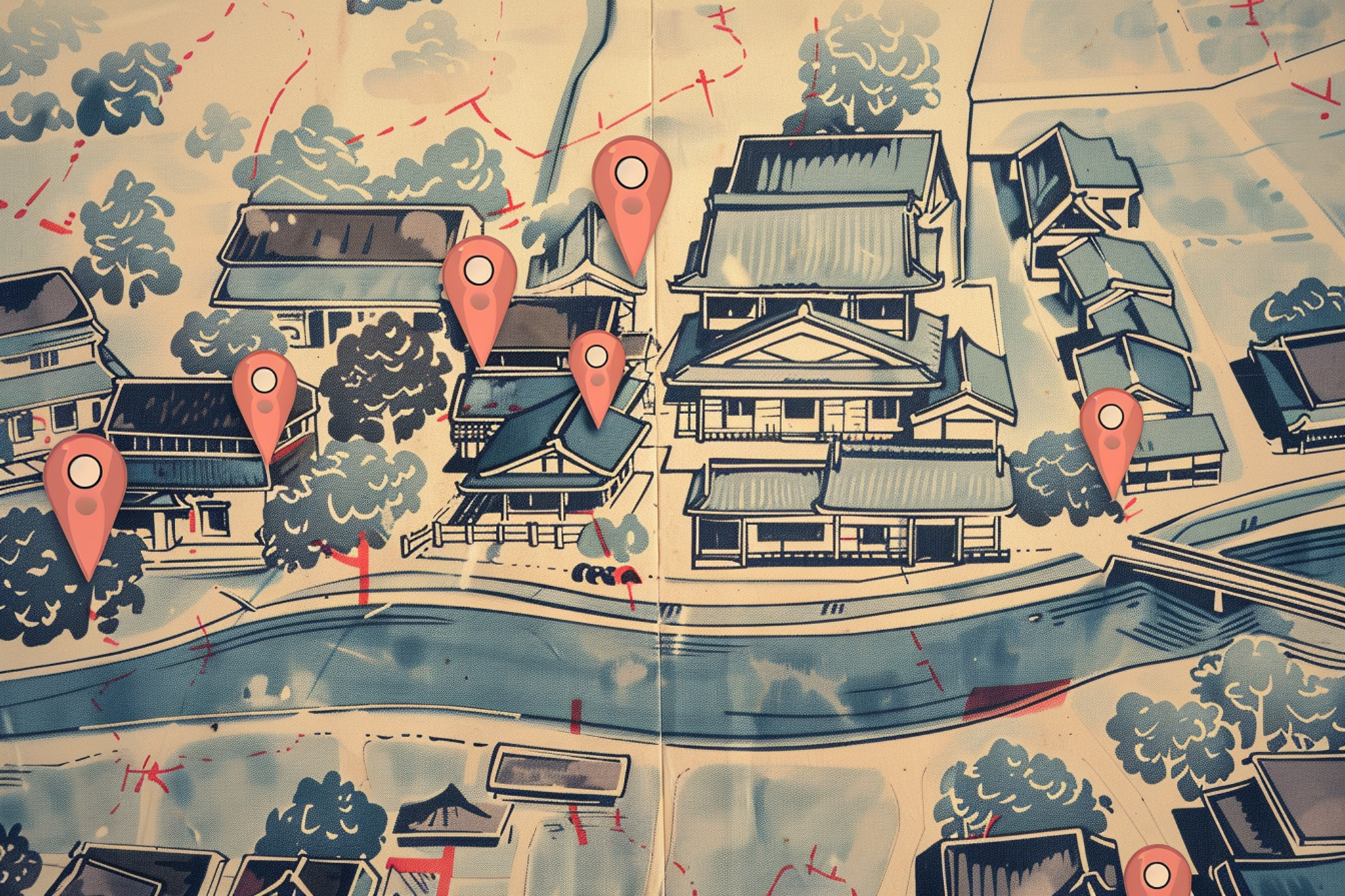 This image shows a detailed map illustration of a town with traditional-style buildings and a river. Several red location markers are placed at various points.