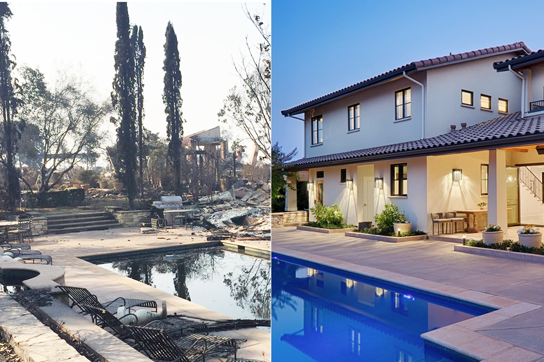 The image shows a before-and-after comparison. On the left, there is a burned-out and damaged yard with a pool. On the right, there is a pristine, well-maintained modern house with a pool.