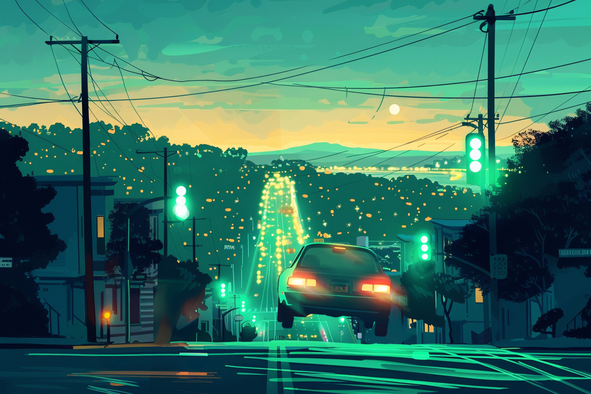 A car drives down a city street at dusk, with green traffic lights and streetlights glowing, leading to a scenic view of a lit-up city and distant hills.