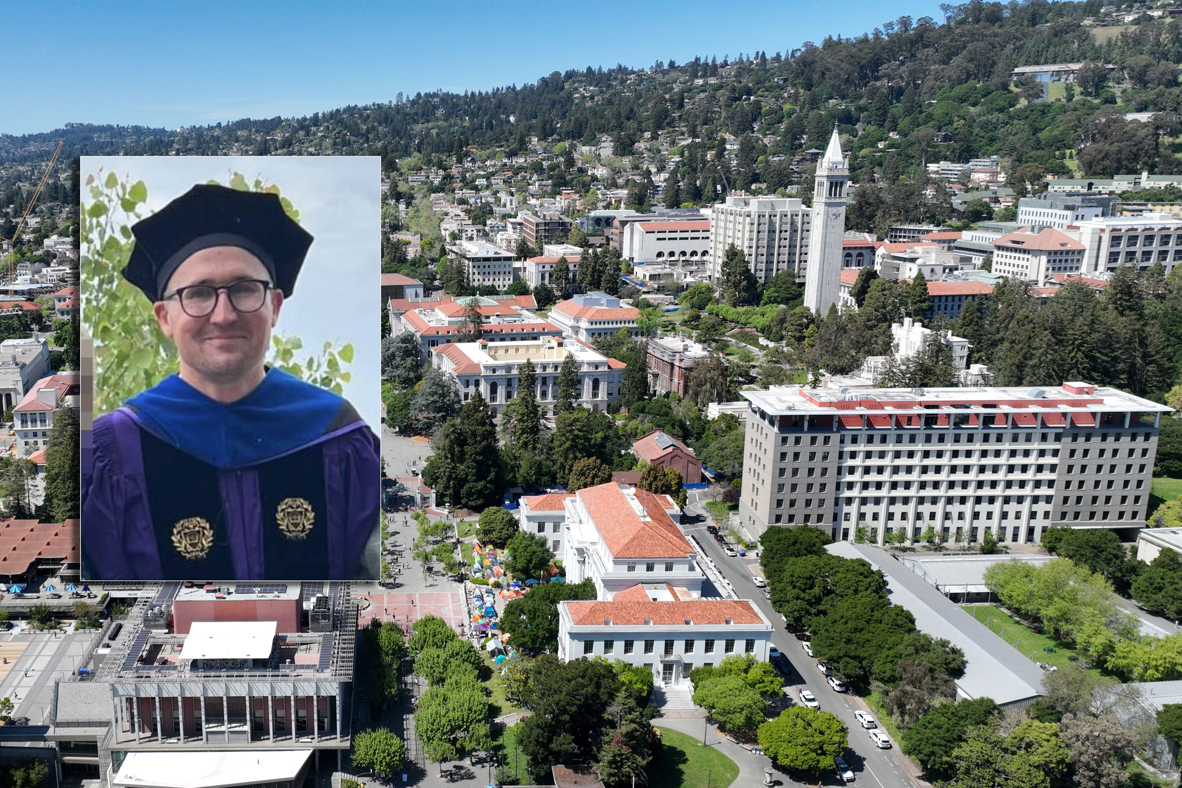 A photo illustration shows a man in a cap and gown for a university graduation next to an aerial view of the UC Berkeley campus