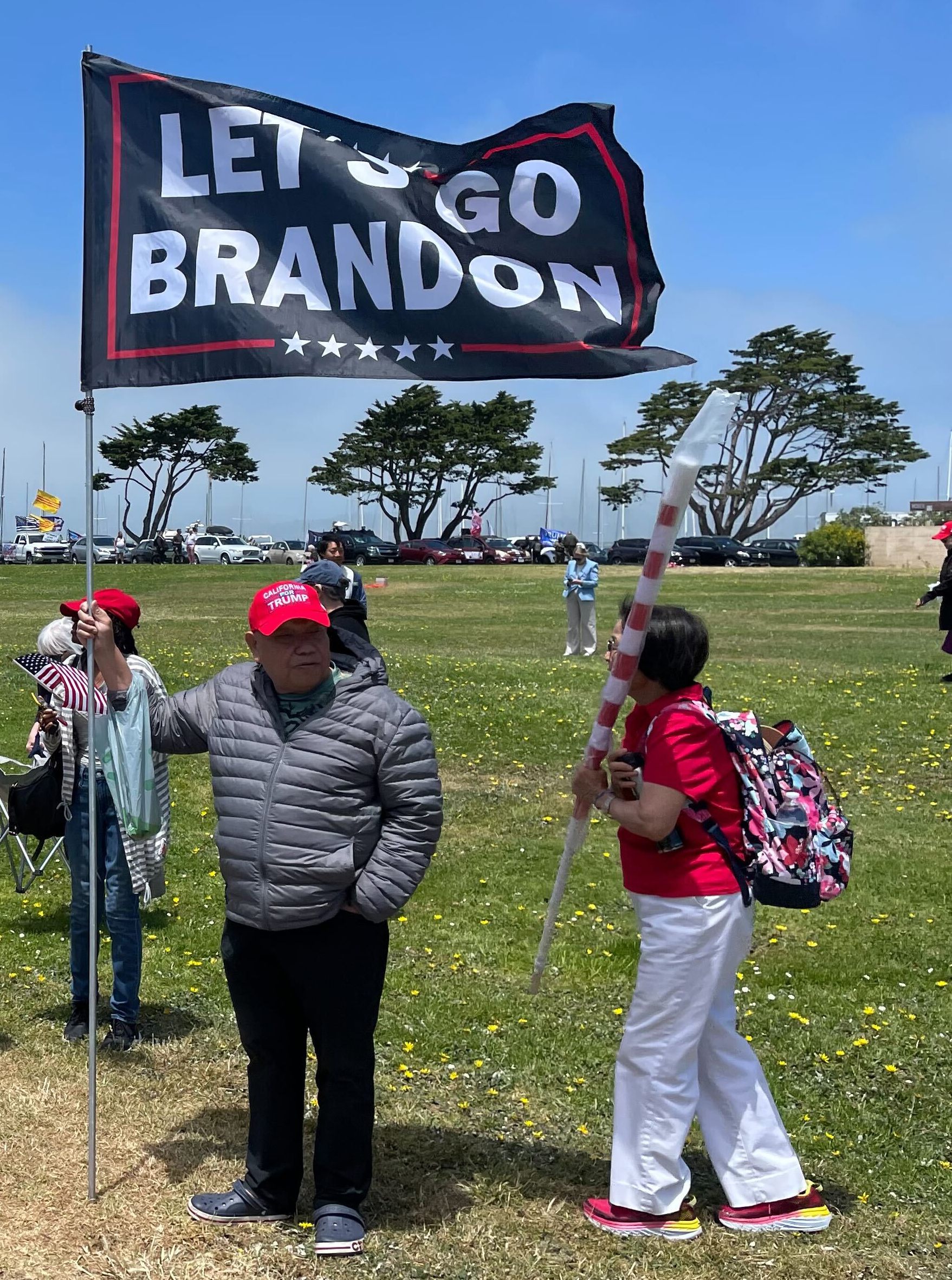 A man in a gray jacket and red hat holds a flag stating &quot;LET'S GO BRANDON&quot; on a grassy field. A woman in red with a colorful backpack stands nearby. Trees and cars are in the background.