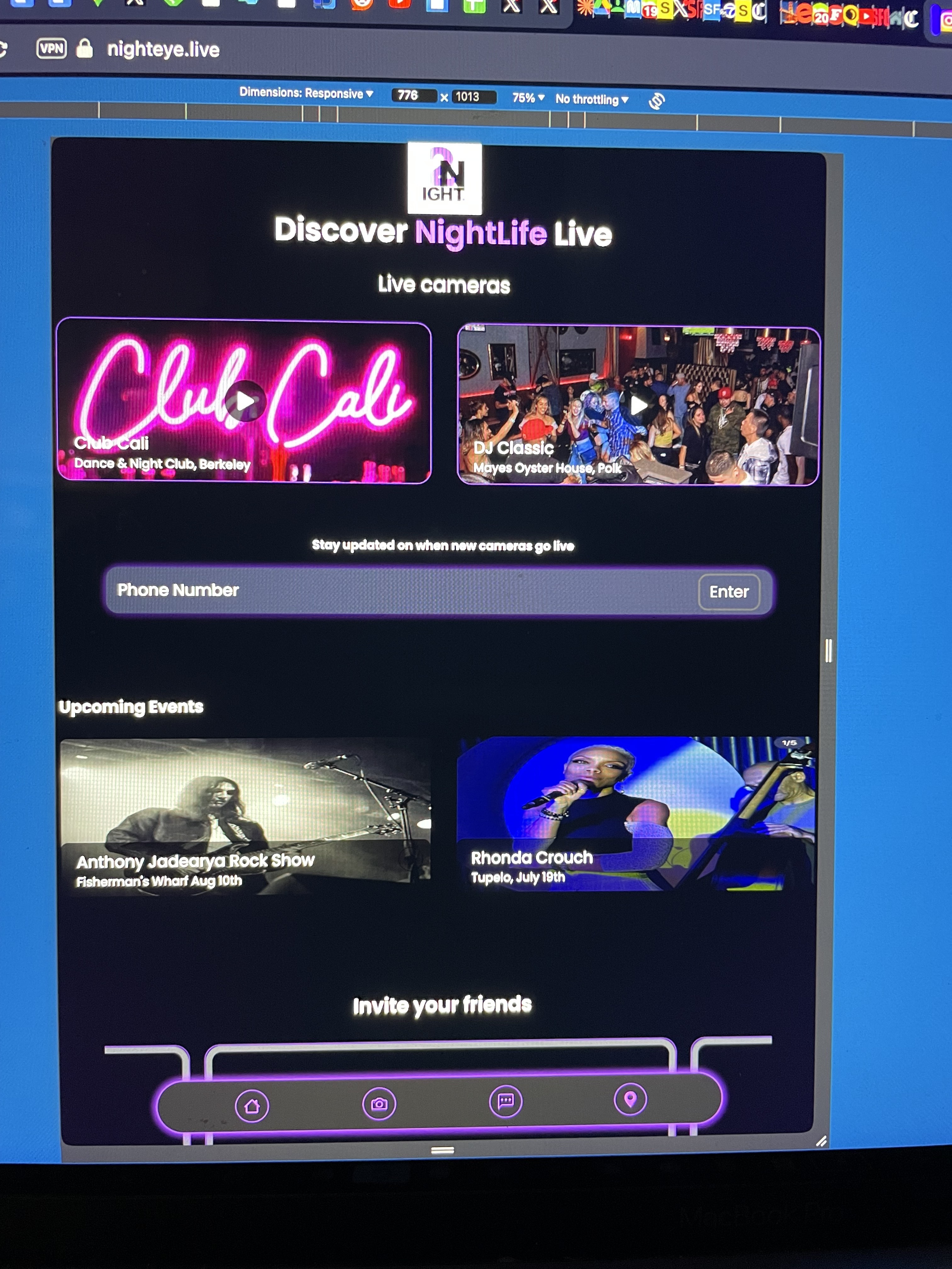 A webpage titled &quot;Discover NightLife Live&quot; features live cameras from &quot;Club Cali&quot; and &quot;DJ Classic.&quot; Upcoming events include Anthony Jadeanya's Rock Show and Rhonda Crouch's concert.