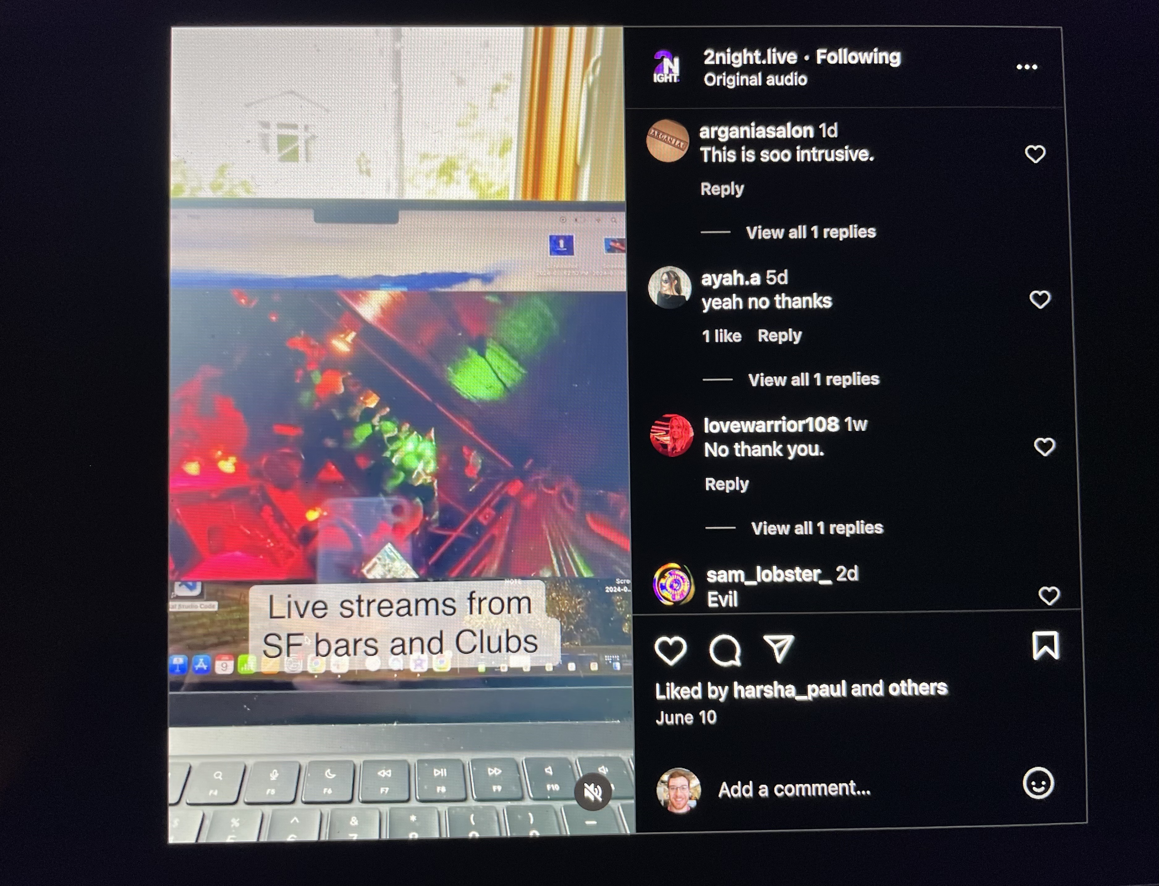 The image shows a computer screen streaming a video with colorful lights labeled &quot;Live streams from SF bars and Clubs.&quot; Comments on the right criticize the stream.