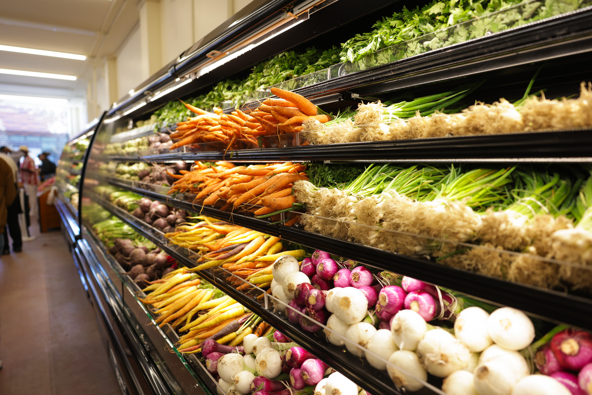 A grocery store produce section with neatly stacked vegetables, including carrots, turnips, radishes, and greens, on shelves under bright lighting.
