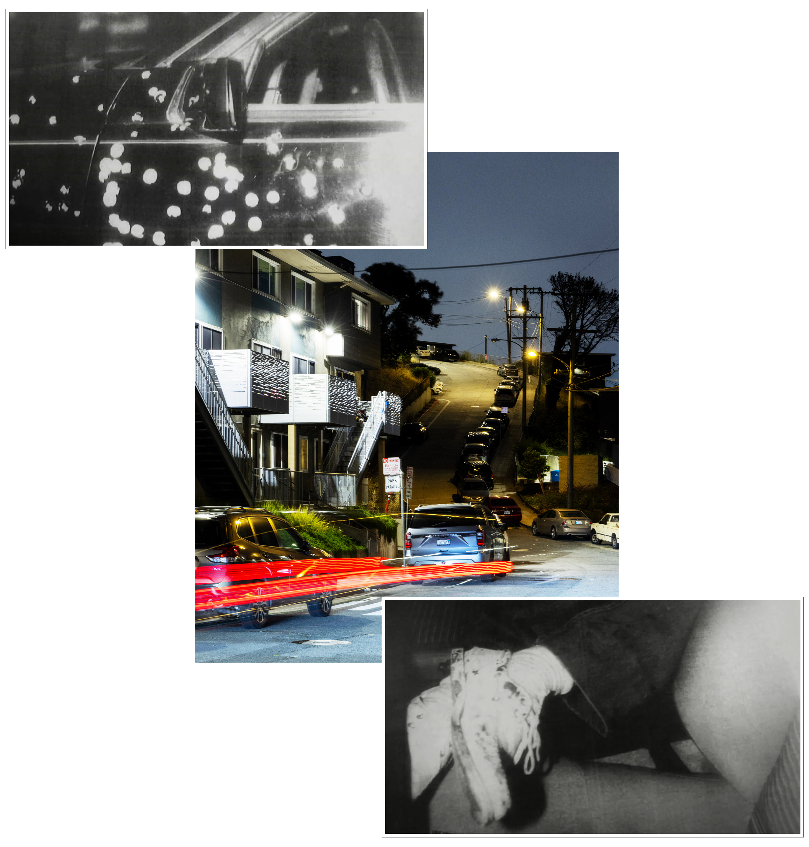 This image collage includes three photos: a car door reflecting streetlights, a nighttime urban scene with cars parked along a hilly street, and a close-up of feet in sneakers.