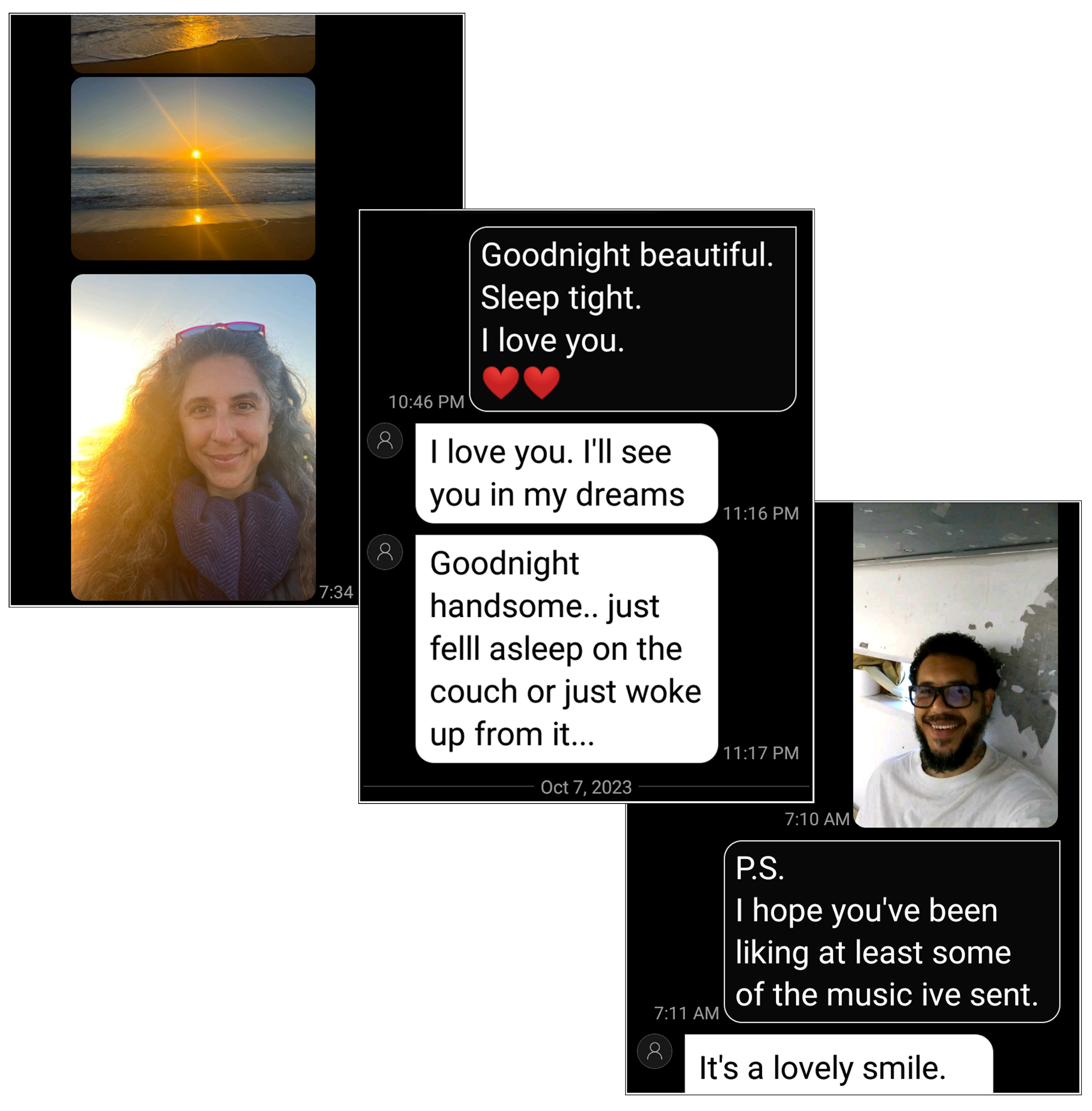 The image collage includes sunset photos, a selfie of a woman outdoors, a selfie of a smiling man, and a series of affectionate text messages exchanged between two people.