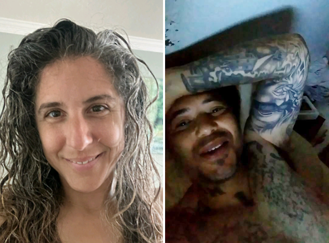 The image is split into two sections: on the left, a woman with wavy, graying hair smiles; on the right, a tattooed man lies down, smiling with an arm over his head.