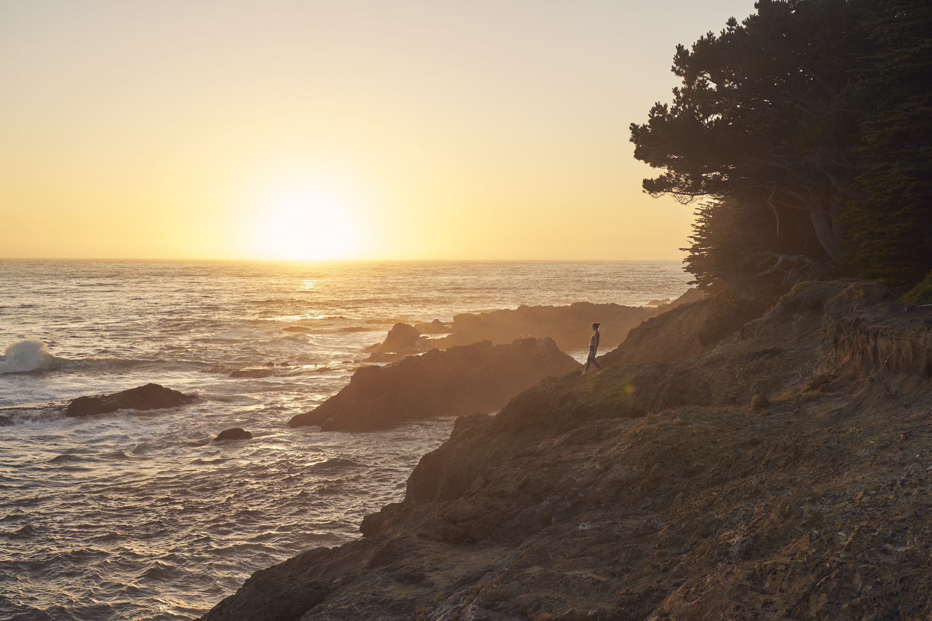 A lone person stands on a rocky cliff overlooking a vast, shimmering ocean at sunset, with waves crashing against the rugged shoreline and trees framing the scene.