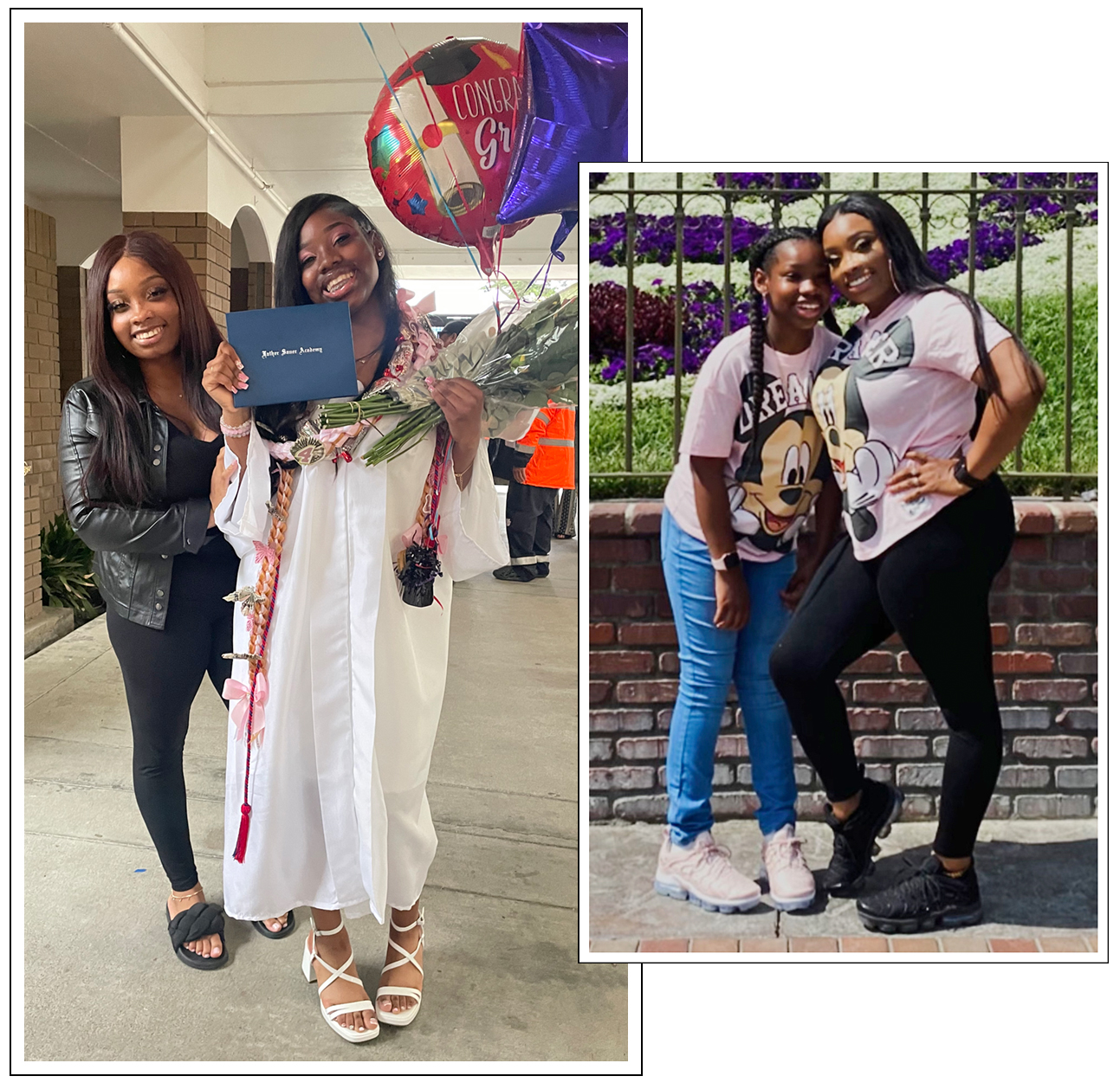 The image shows two photos: one of a young woman in a graduation gown with balloons and another woman posing, and the other of the same women wearing cartoon character shirts and smiling.