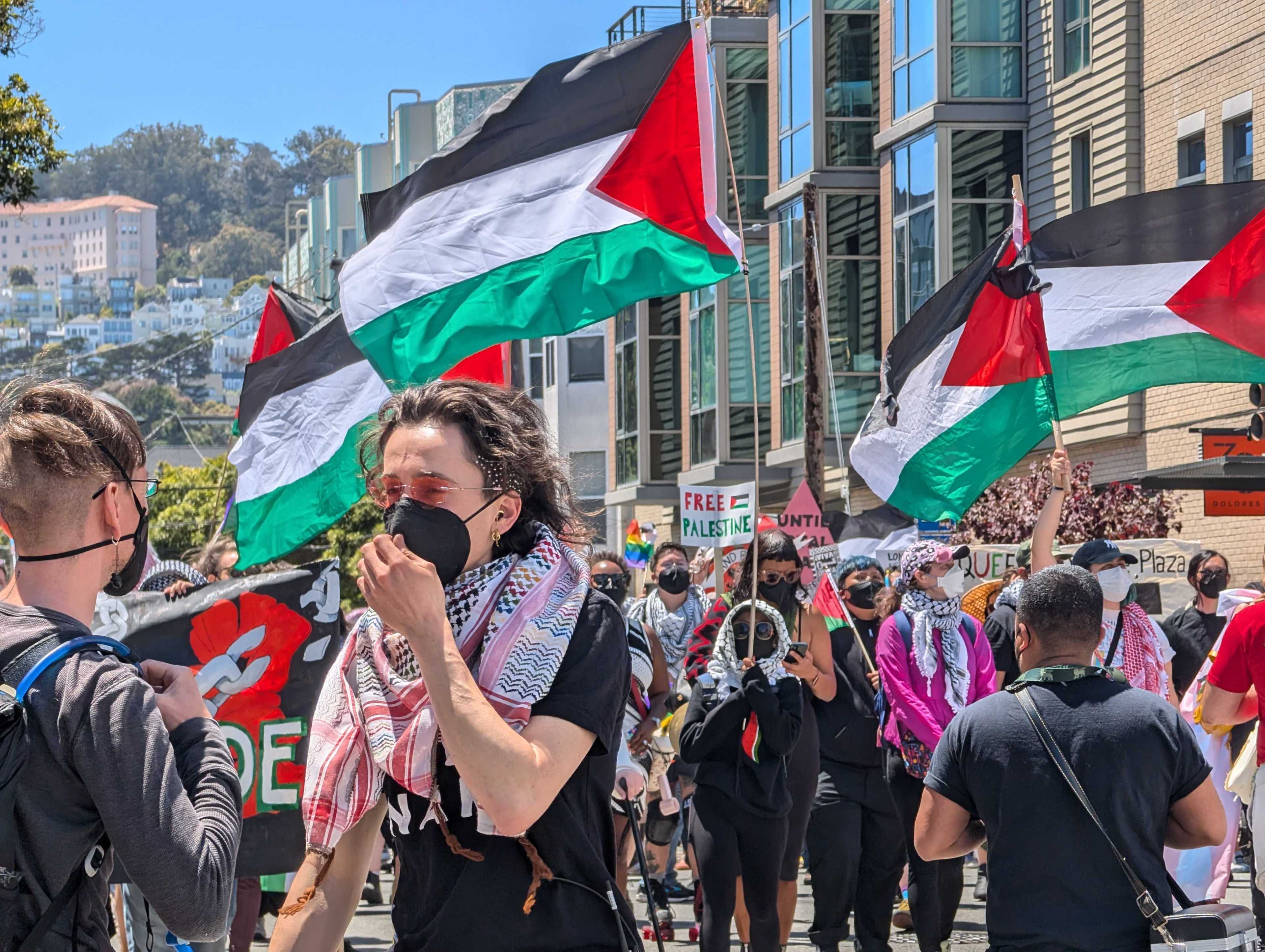The image shows a protest with people holding Palestinian flags and wearing masks. There are signs with messages like &quot;Free Palestine.&quot; Urban buildings and hills are in the background.