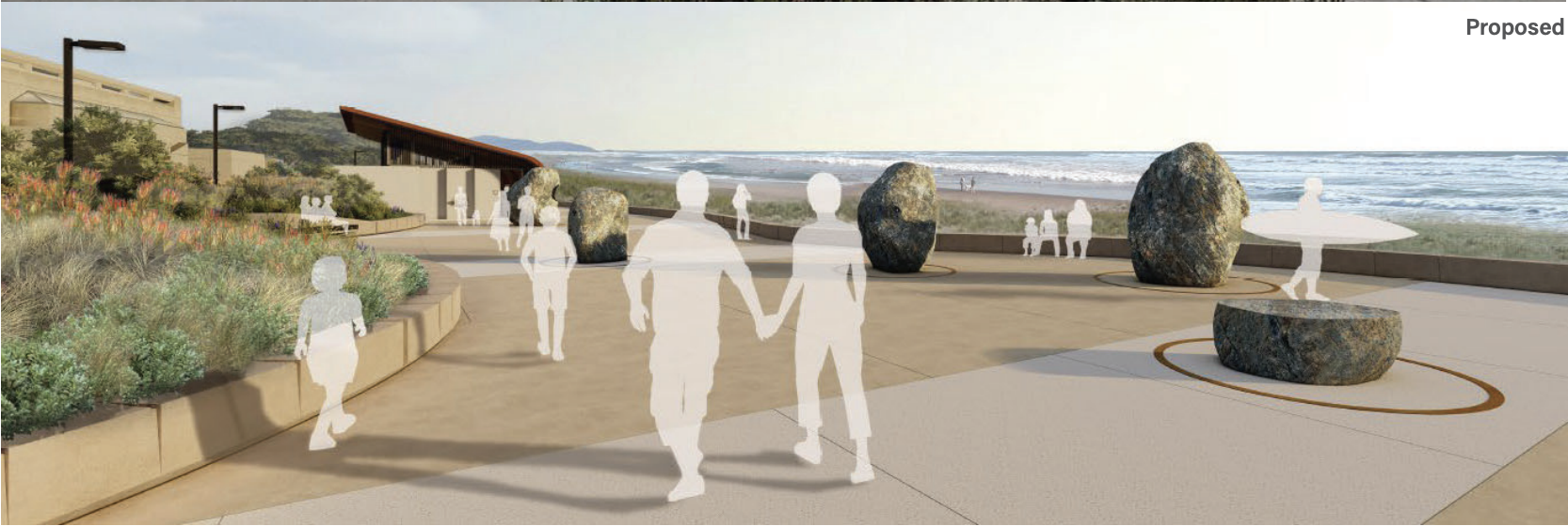This image shows a proposed beachfront promenade with large rocks, plants, and various silhouettes of people walking, holding hands, and carrying surfboards.