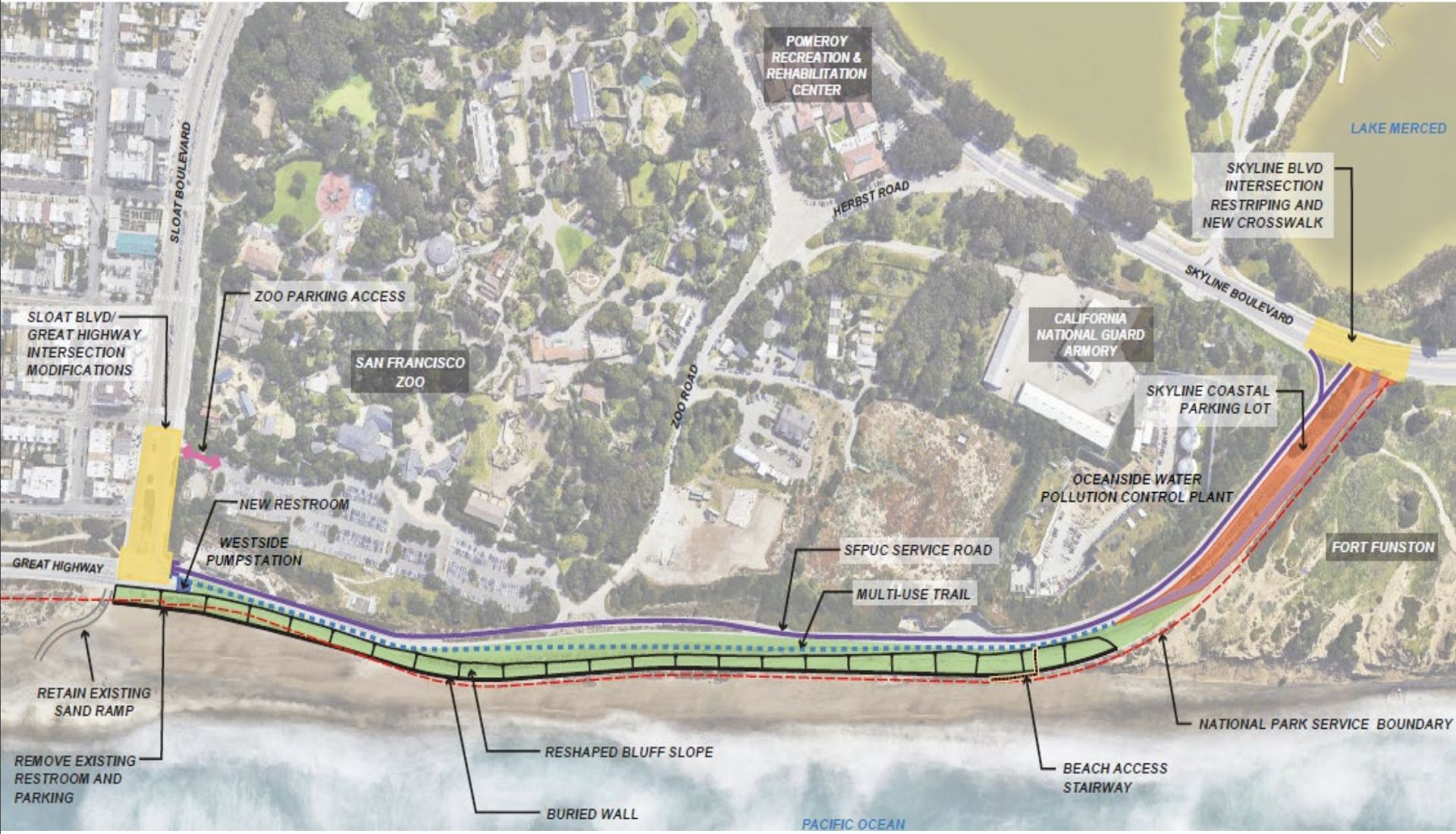 The image is an overhead map showing proposed modifications and access points for the San Francisco Zoo area, Great Highway, and surrounding roads, including trails and parking.