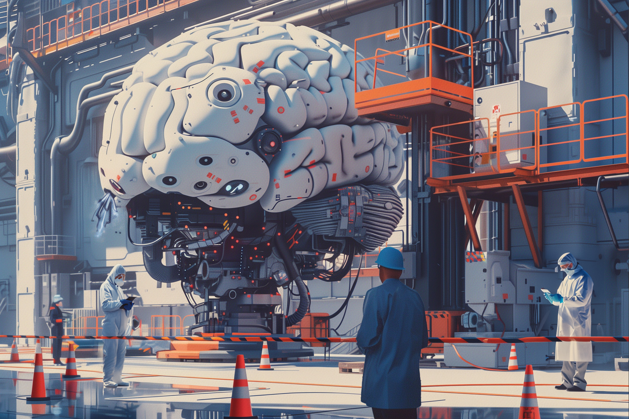 The image depicts a large mechanical brain in an industrial setting with workers in protective gear examining equipment, surrounded by scaffolding and safety cones.