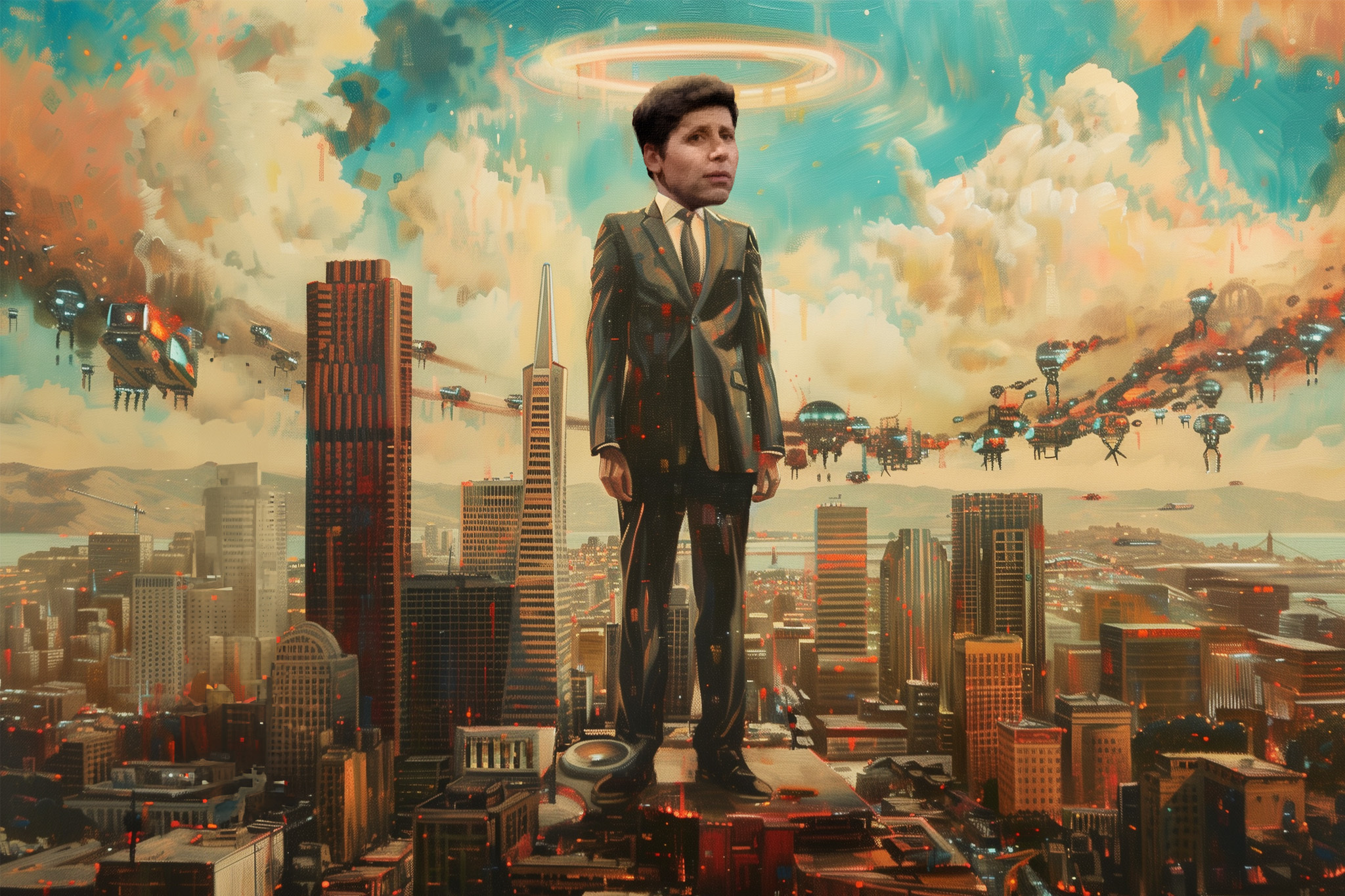A man in a suit stands towering over a futuristic cityscape with flying vehicles and skyscrapers, under a dramatic sky with swirling clouds and colorful lights.