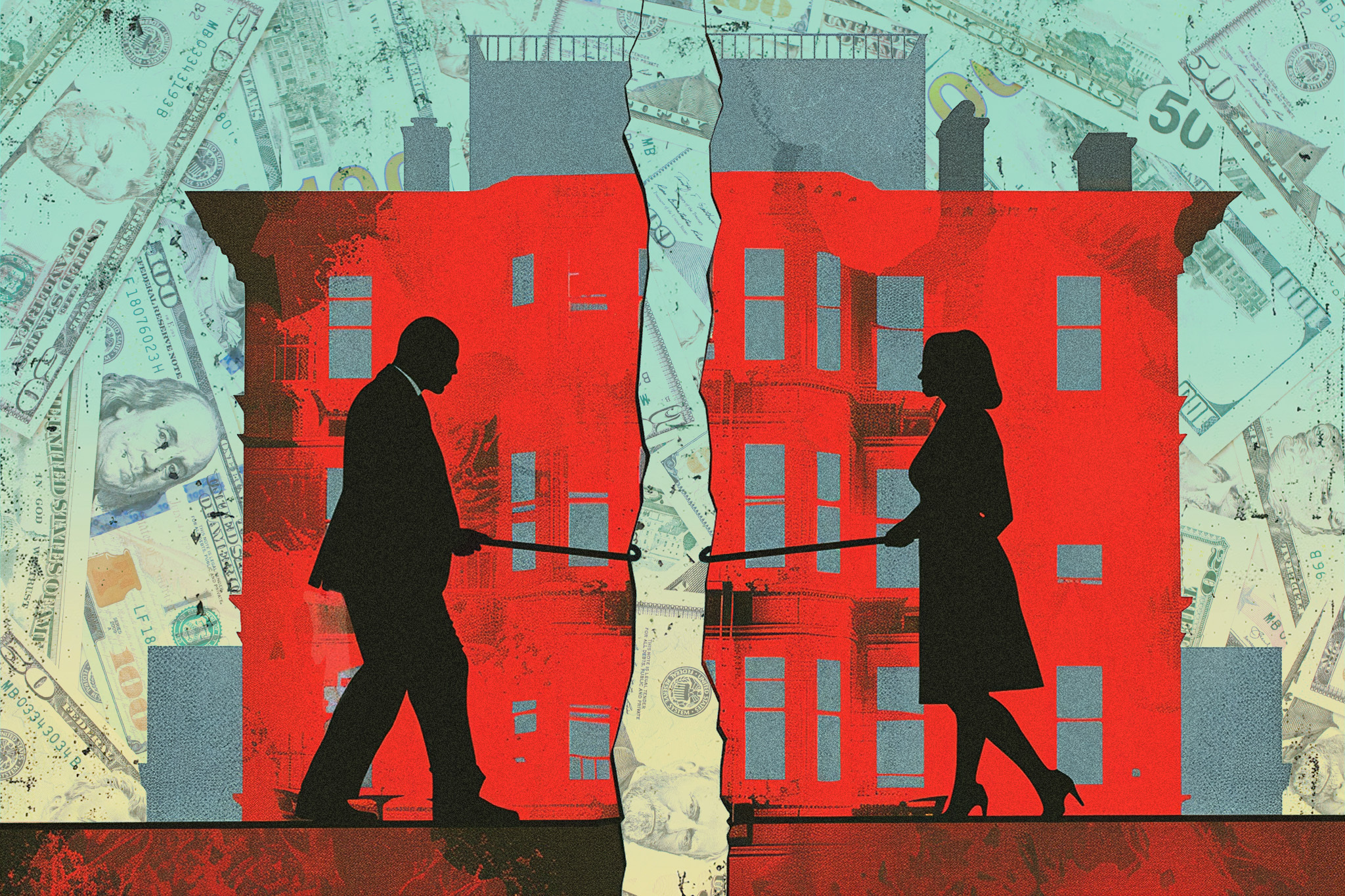 The image features silhouettes of a man and a woman pulling a saw across a red house, against a backdrop of various currency notes.