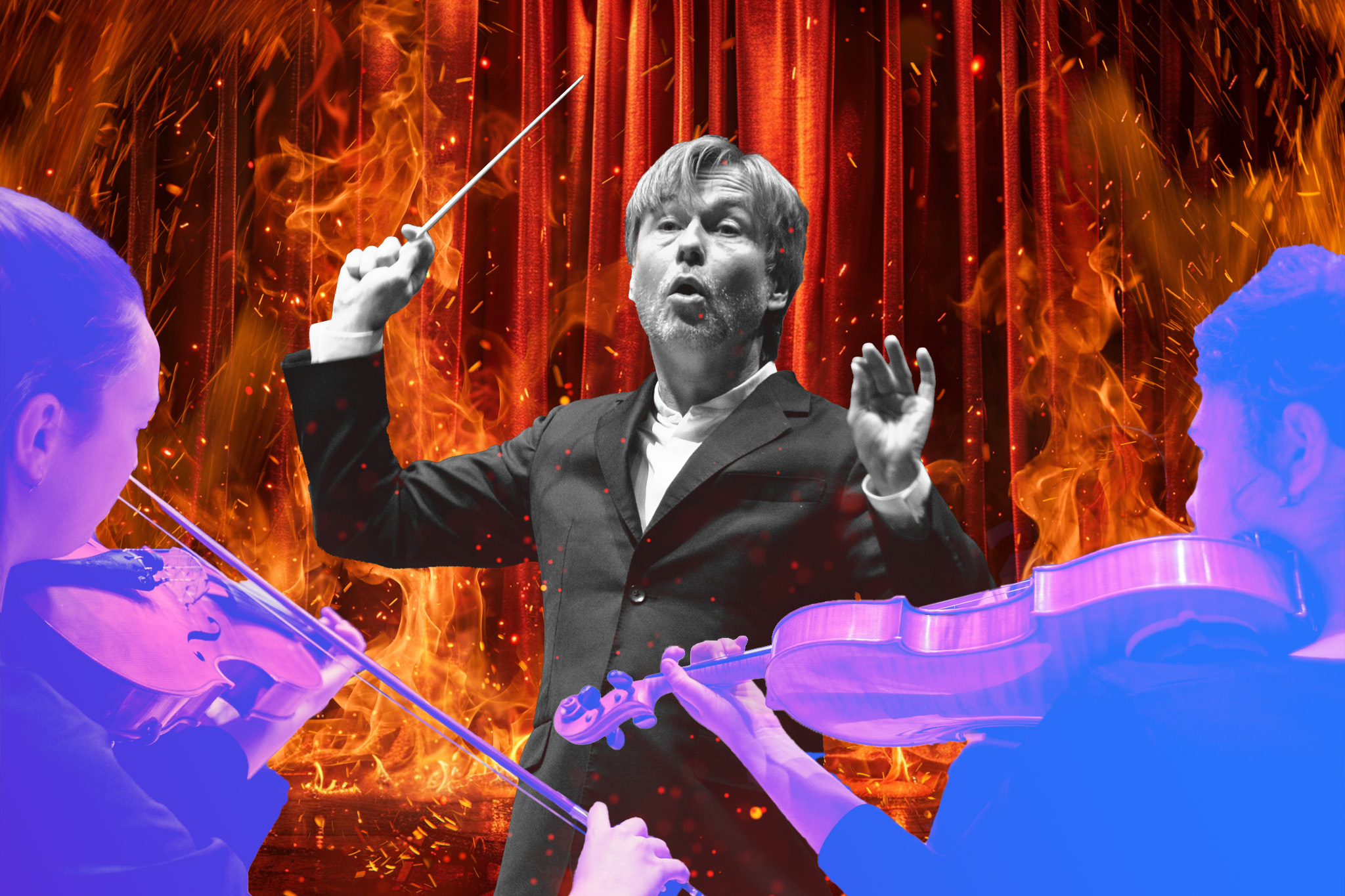 The image shows a conductor passionately leading musicians, with flames and a fiery red backdrop intensifying the scene. Two violinists are visible in the foreground.