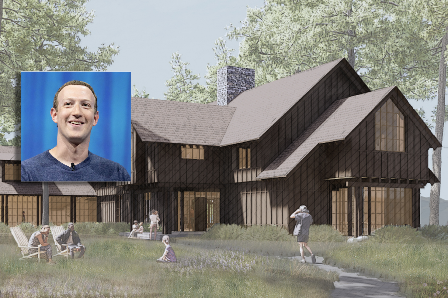 A photo illustration shows Mark Zuckerberg and a rendering of his planned Lake Tahoe estate.