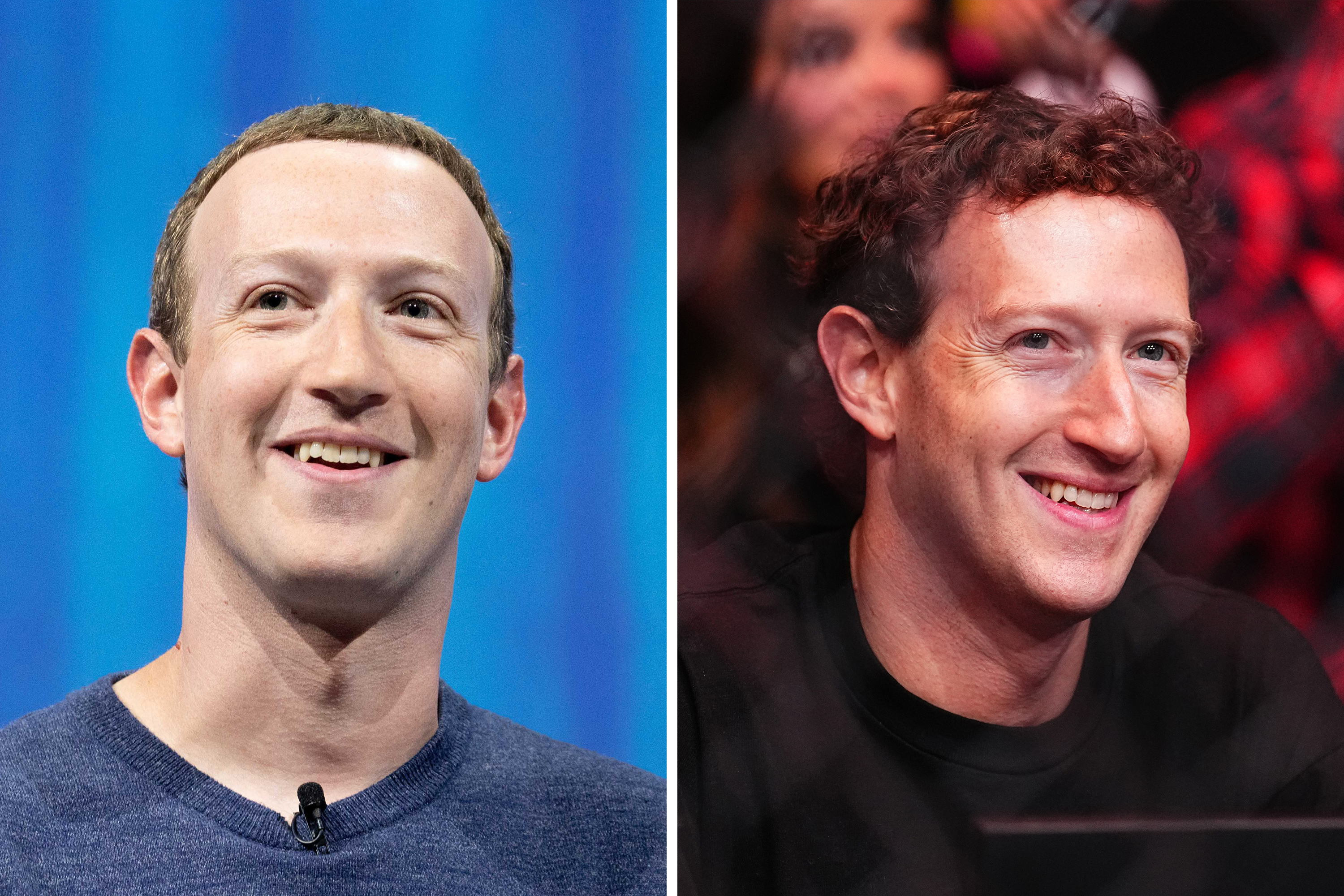 This image shows two photos side by side; both feature a smiling man with short brown hair, wearing casual clothing, against different backgrounds—one blue and one blurred.