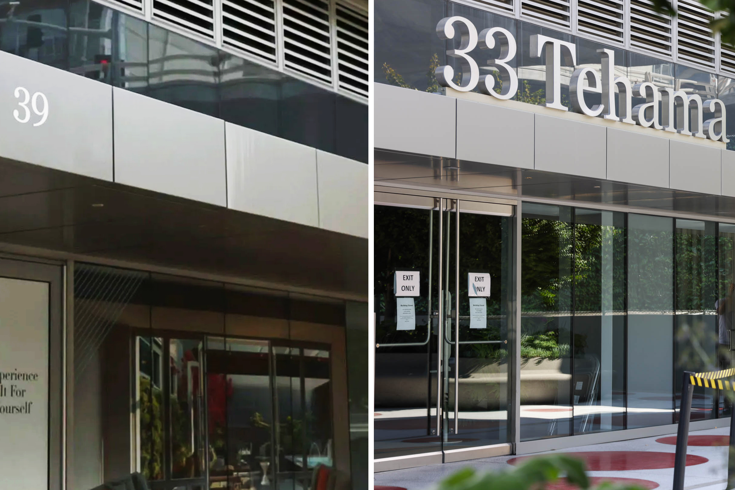 The image shows two building entrances with metal and glass facades. One entrance is labeled "39" and the other is labeled "33 Tehama."