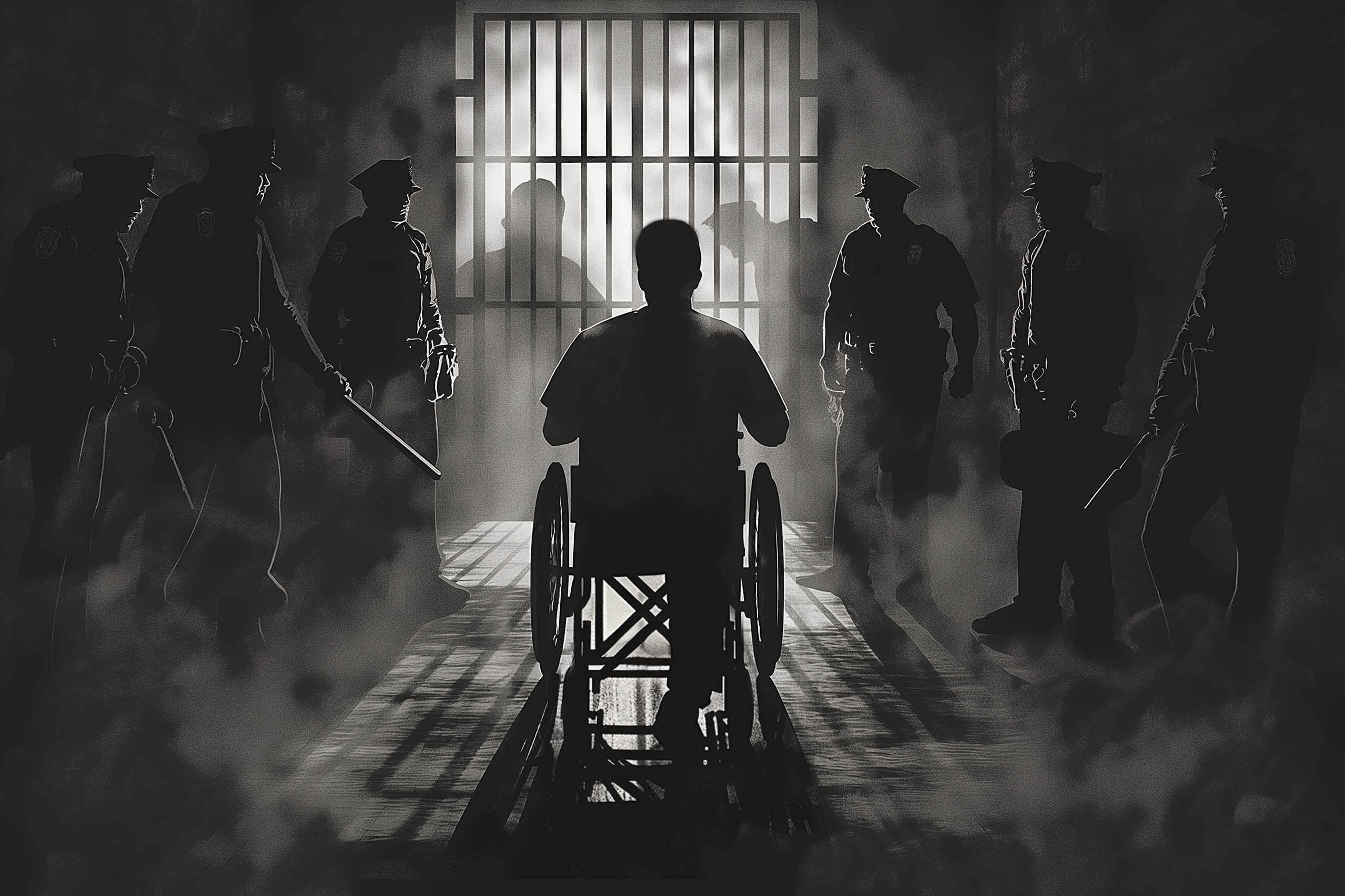 A man in a wheelchair is surrounded by police officers in a dimly lit, foggy prison hallway. The prison bars and shadowy figures are visible in the background.