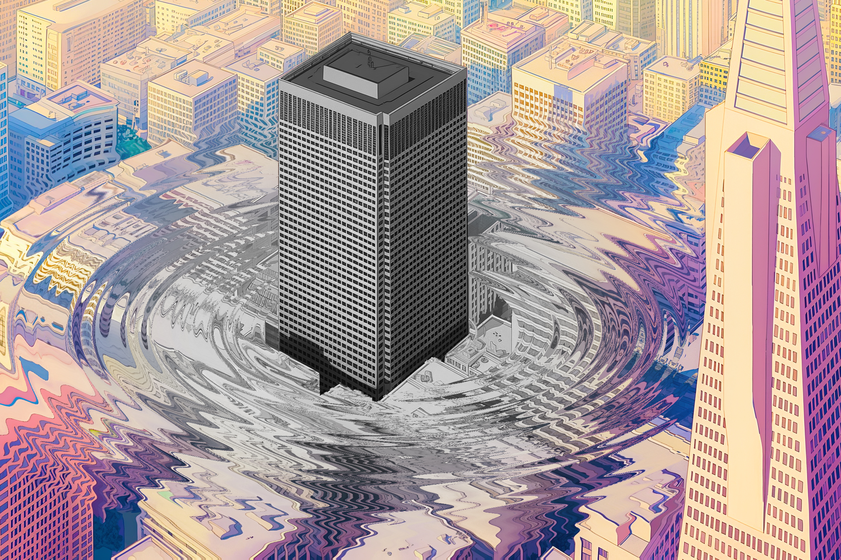 The image shows a black skyscraper set in a cityscape where the surrounding buildings appear to be melting or warping into a vortex-like effect around it.