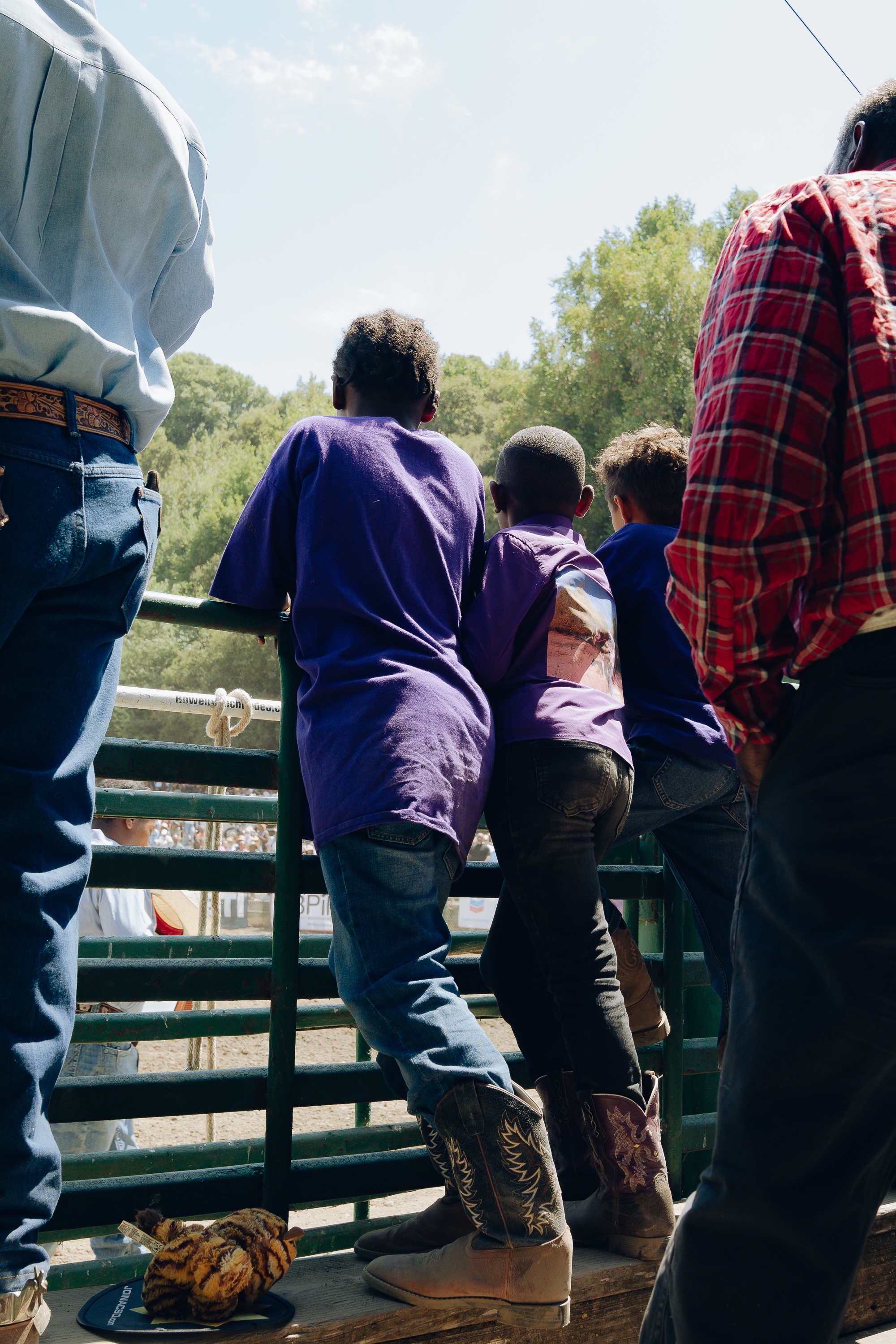 A group of children and adults look towards an outdoor event, standing with their backs to the camera, wearing casual clothing and cowboy boots, against a fence.