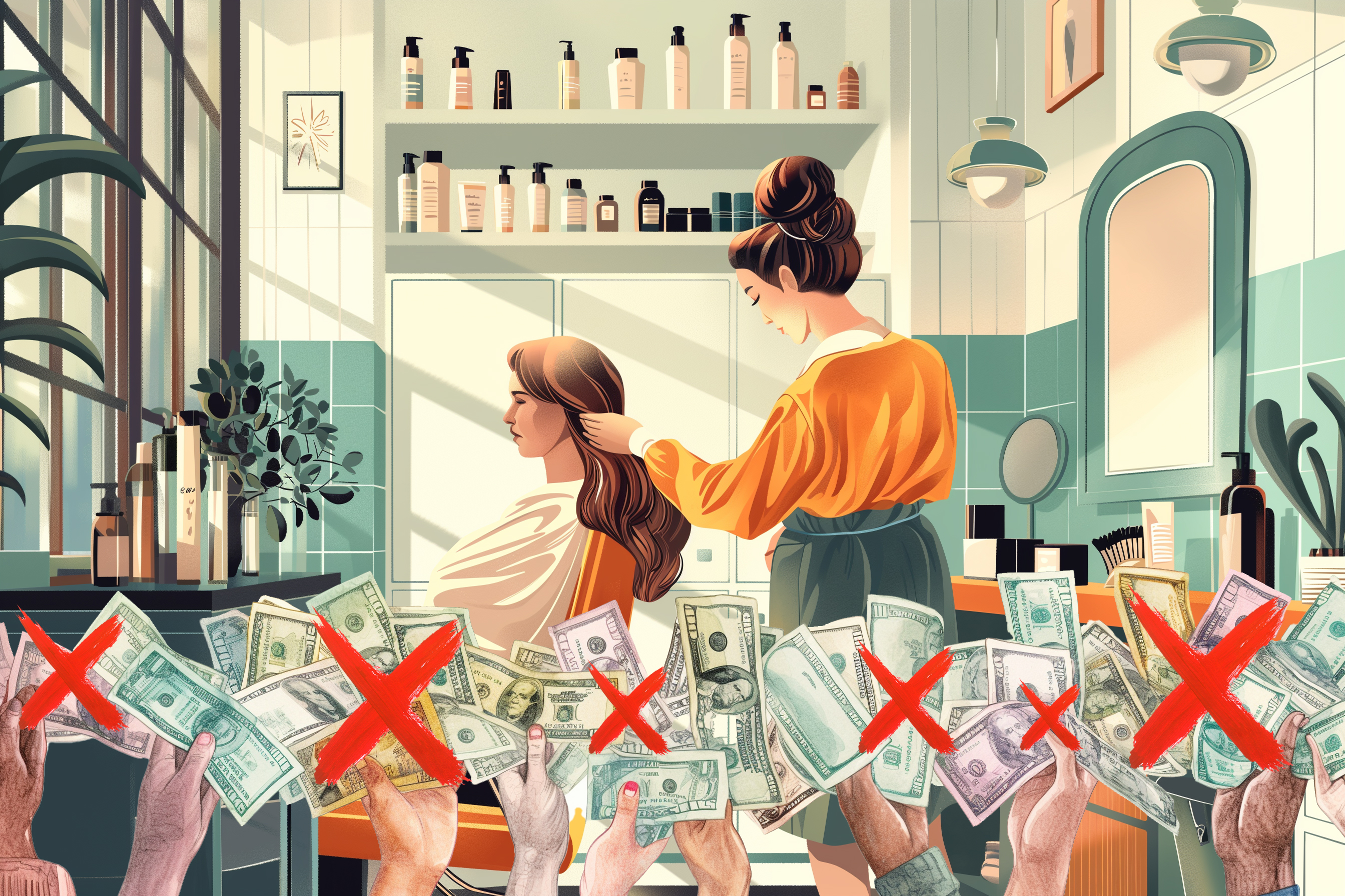 A stylist is cutting a woman's hair in a modern, well-lit salon. Hands holding various currencies are crossed out in the foreground, indicating a no-cash policy.