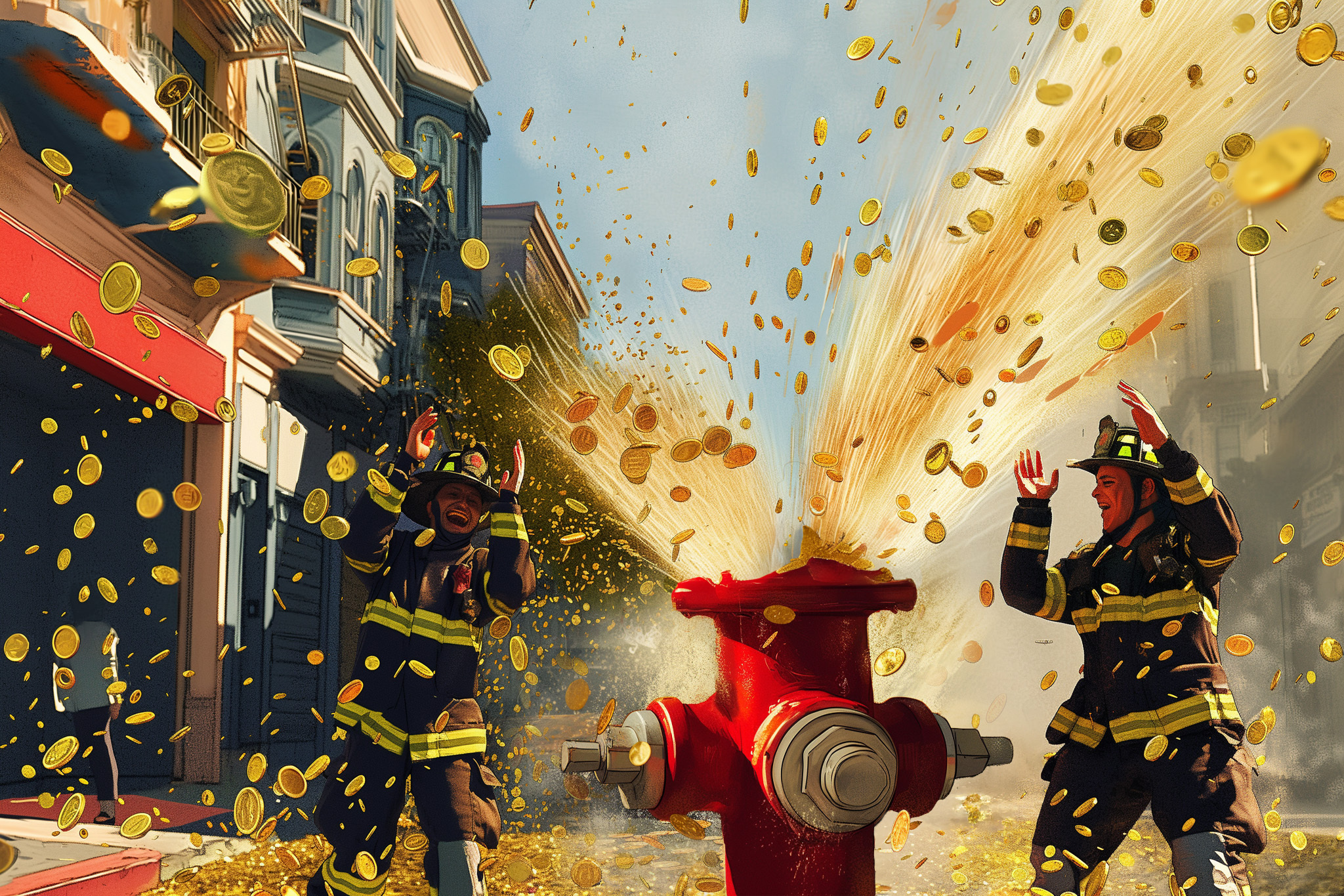 Two firefighters joyfully react as a burst fire hydrant spews a large cascade of gold coins on a city street, with charming old buildings in the background.