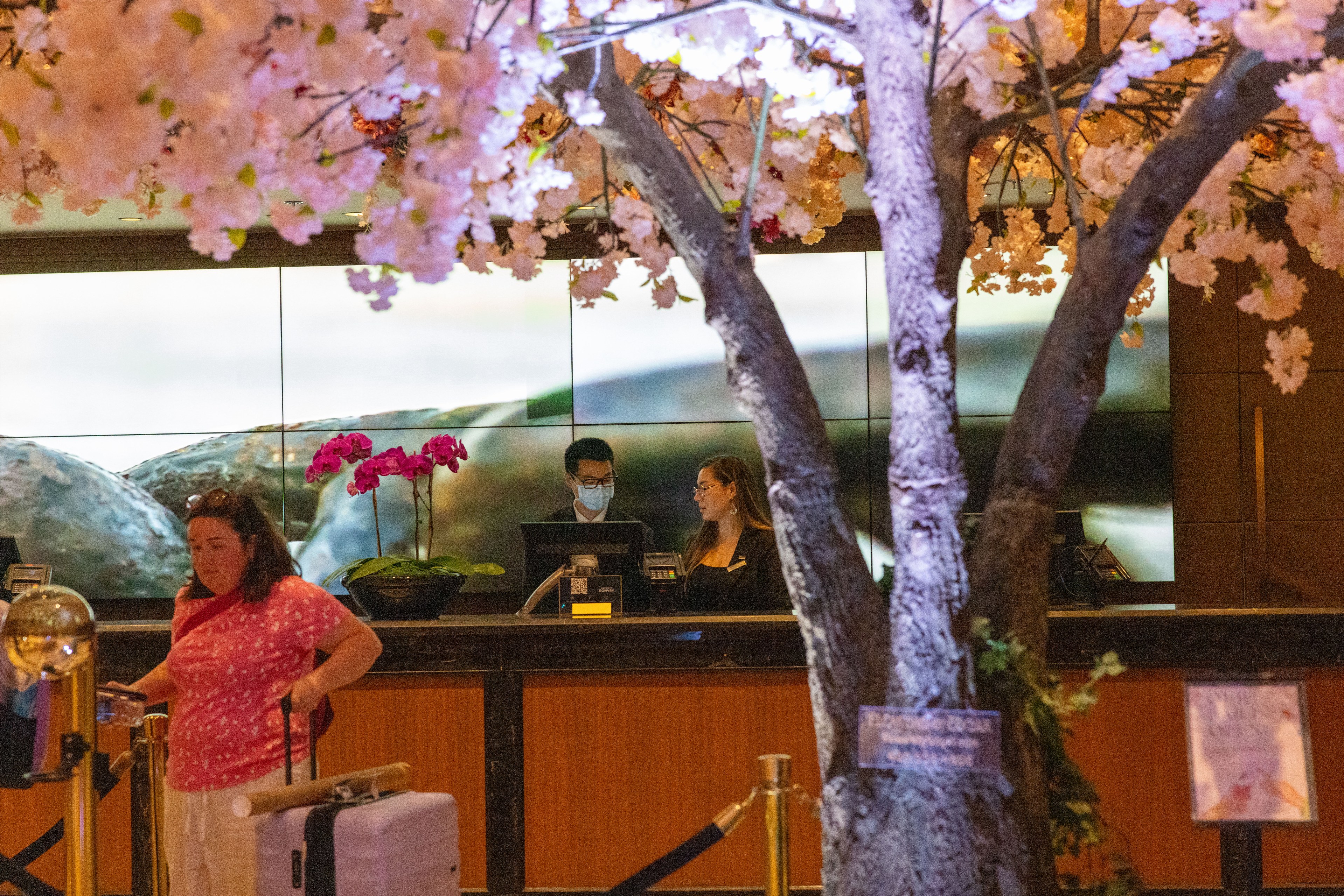 A lobby scene features a woman with a suitcase in the foreground and two receptionists behind a counter. Decor includes pink cherry blossoms and vibrant orchid flowers.