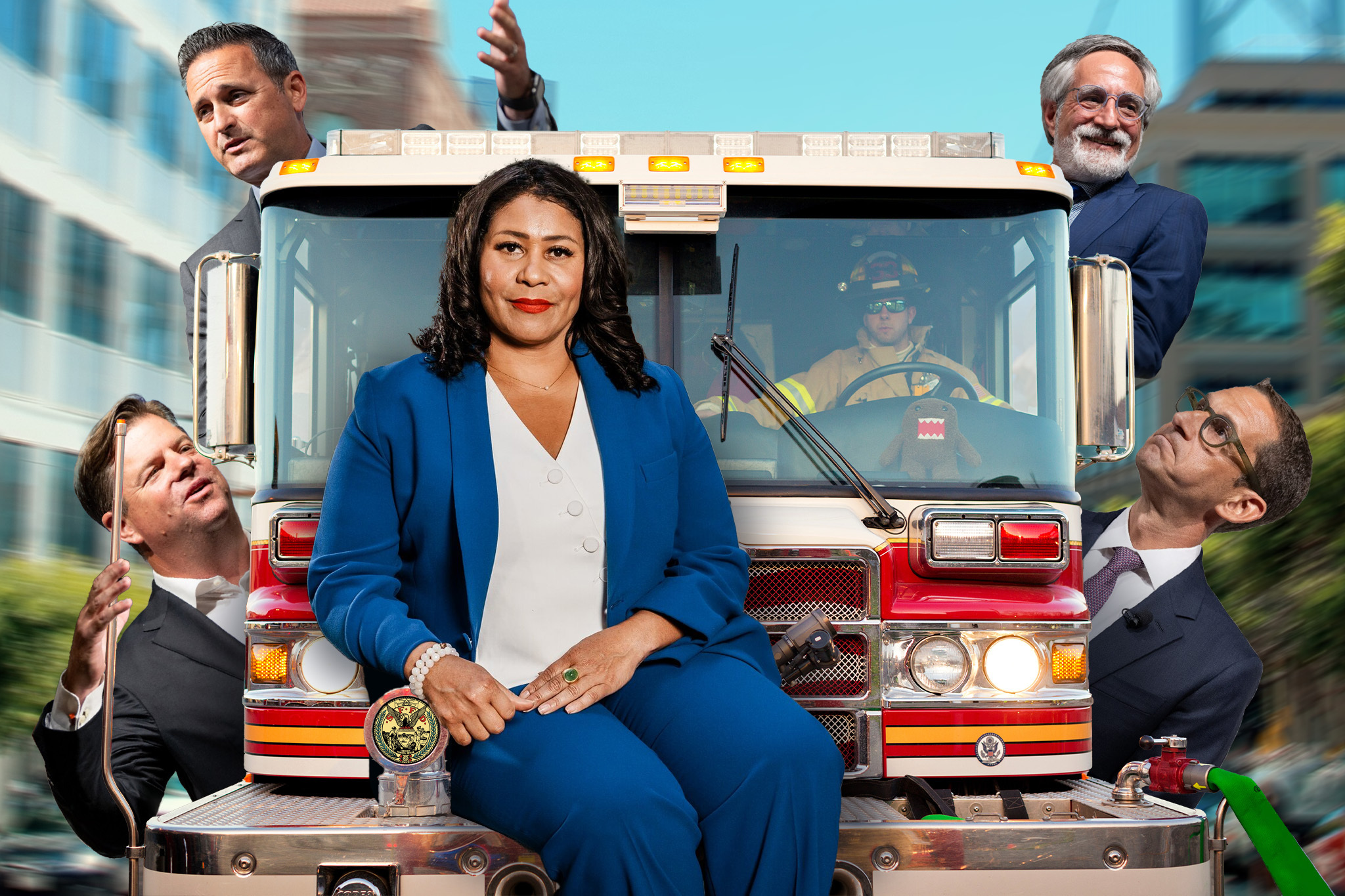 A woman in a blue suit sits on the front of a fire truck, surrounded by five men in suits who appear to be posing playfully. A firefighter is visible inside the truck.