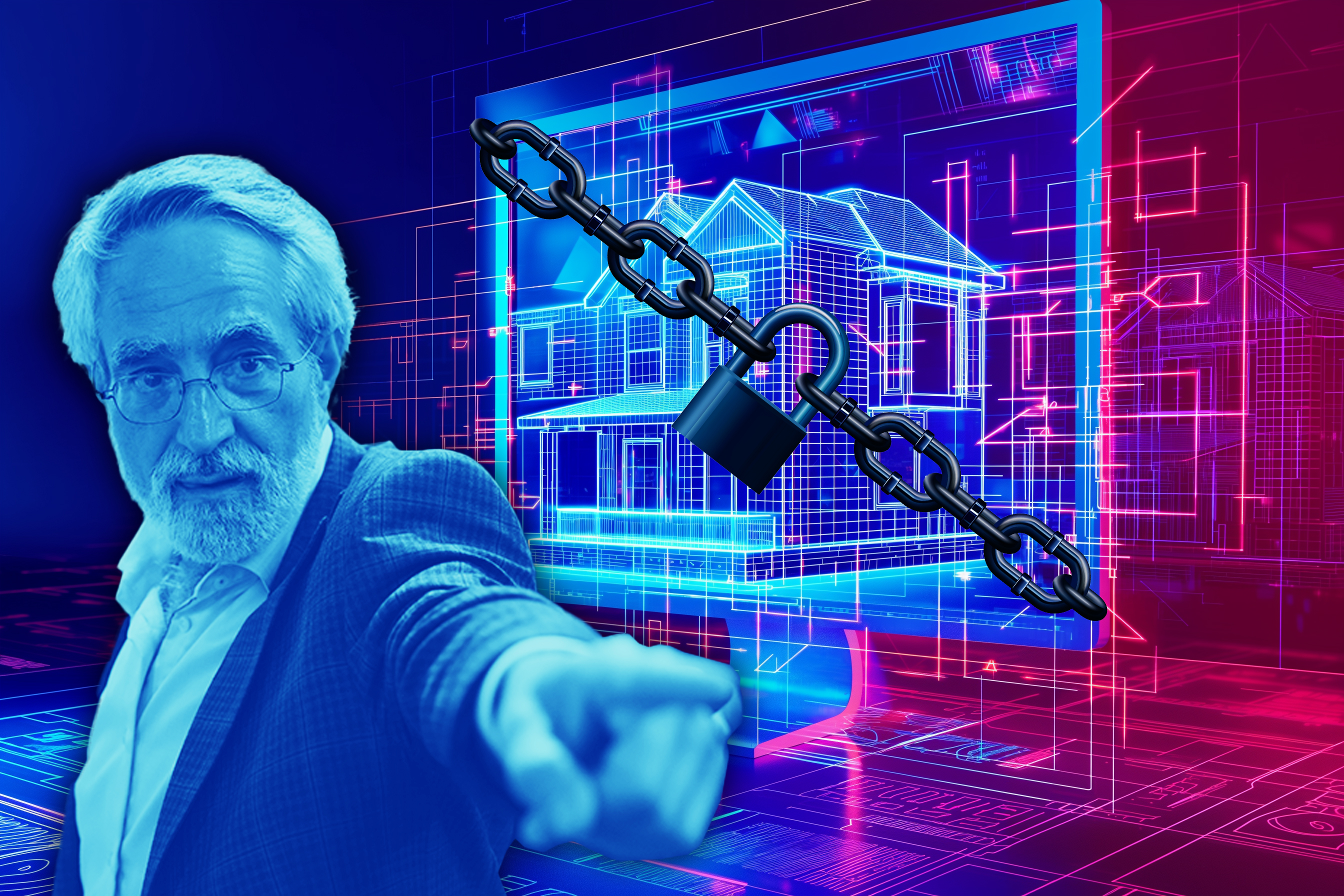 An older man points towards the viewer, with a digital blue house design behind him, secured with a chain and padlock in a technological, neon-lit setting.