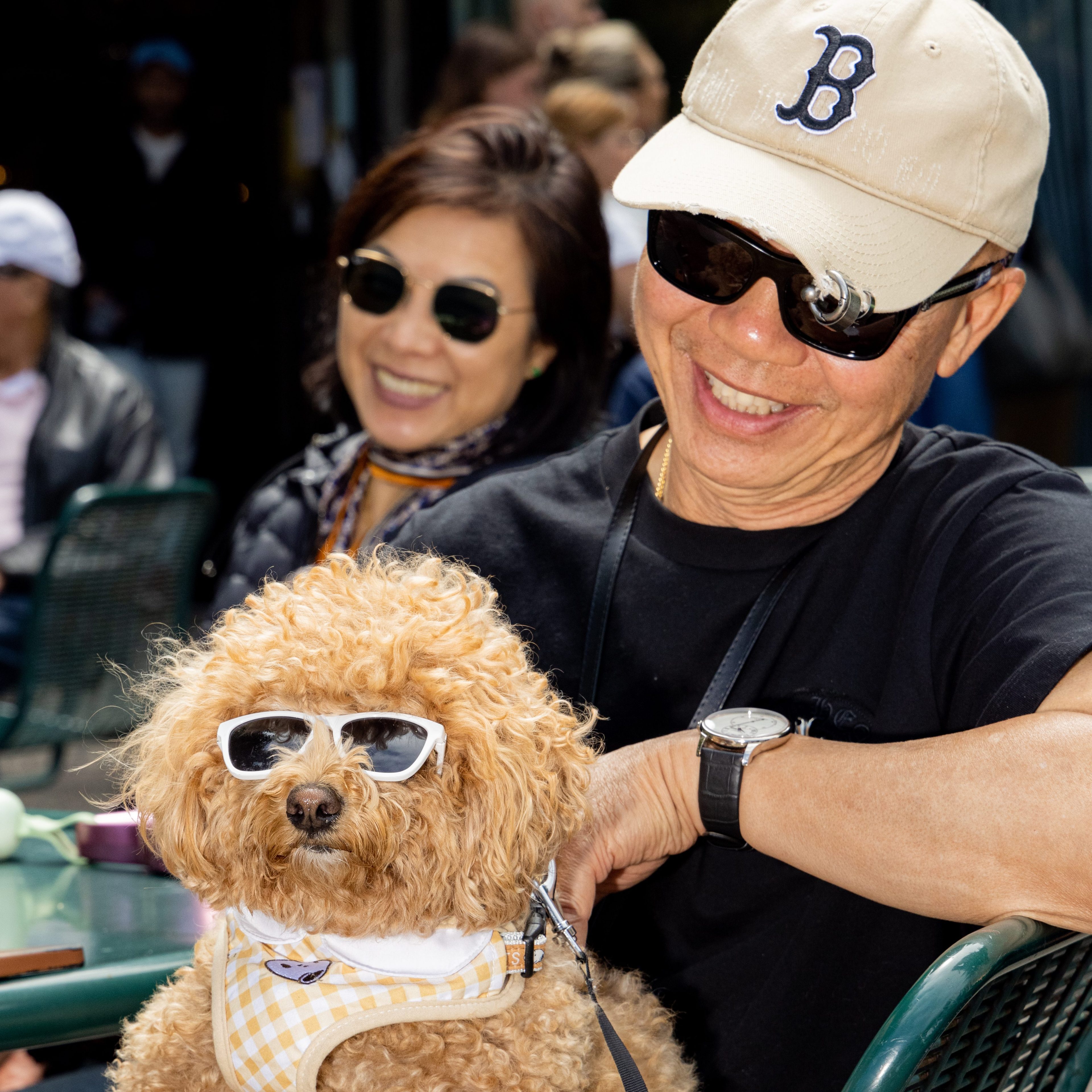 A man wearing a cap and sunglasses is joyfully holding a fluffy dog dressed in sunglasses and a harness. There's a smiling woman in sunglasses behind them.