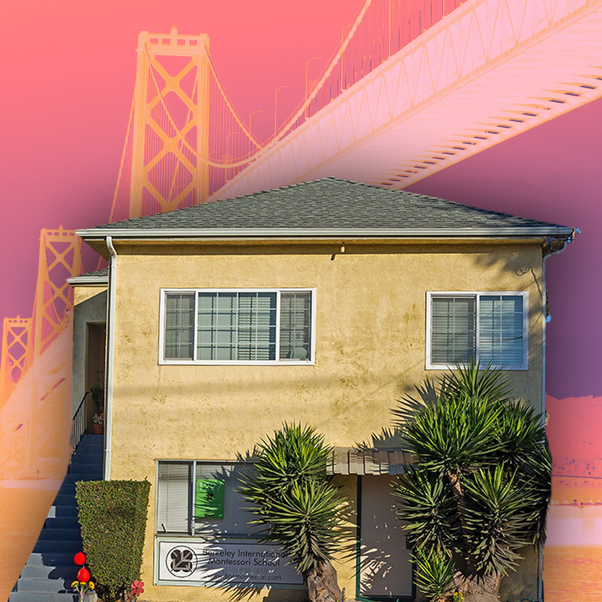 A beige two-story building with three windows and a staircase is in the foreground, with a partially visible bridge against a pink sky in the background. 