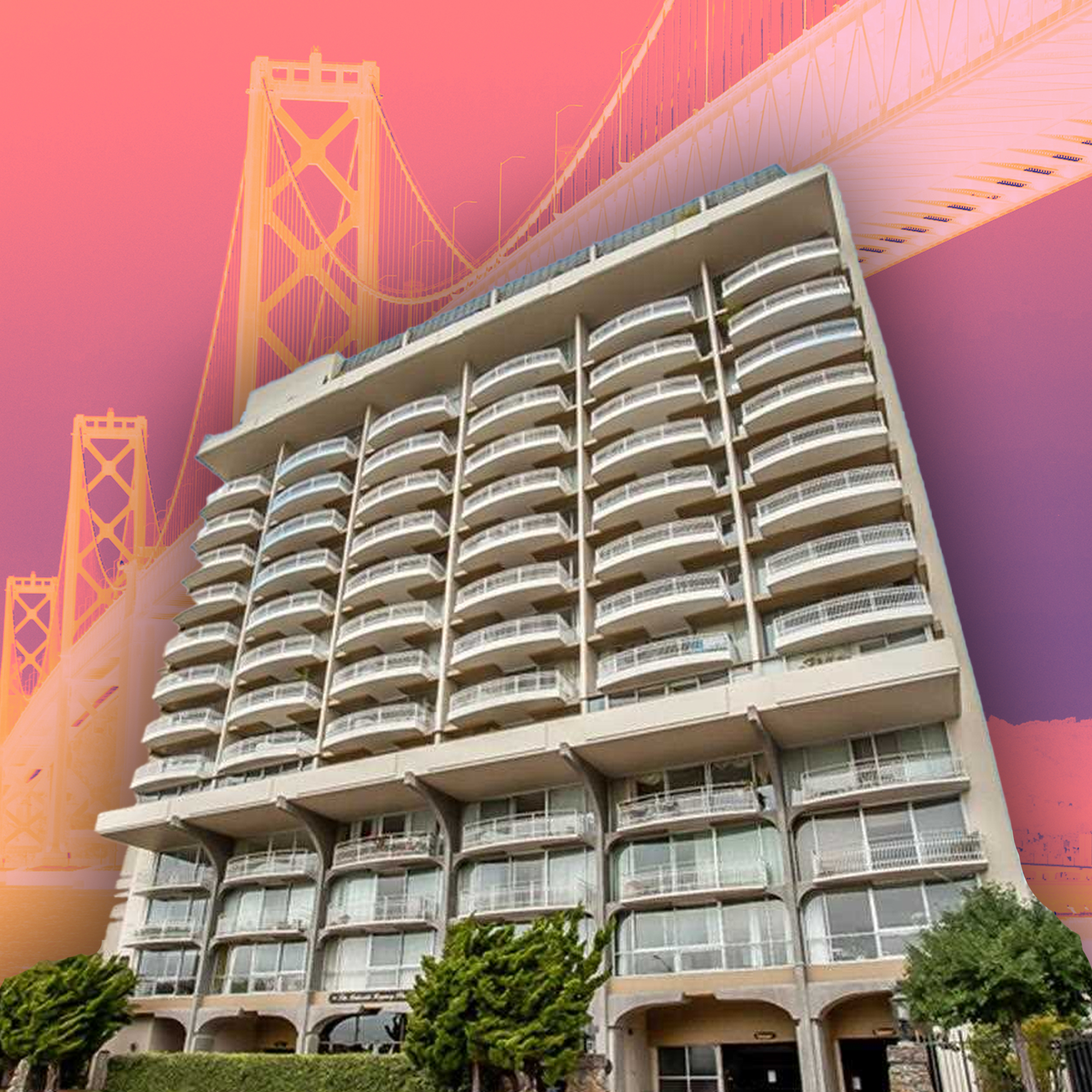 A high-rise building with multiple balconies is set against a backdrop featuring a stylized and colorful image of a suspension bridge, all under a vibrant pink sky.