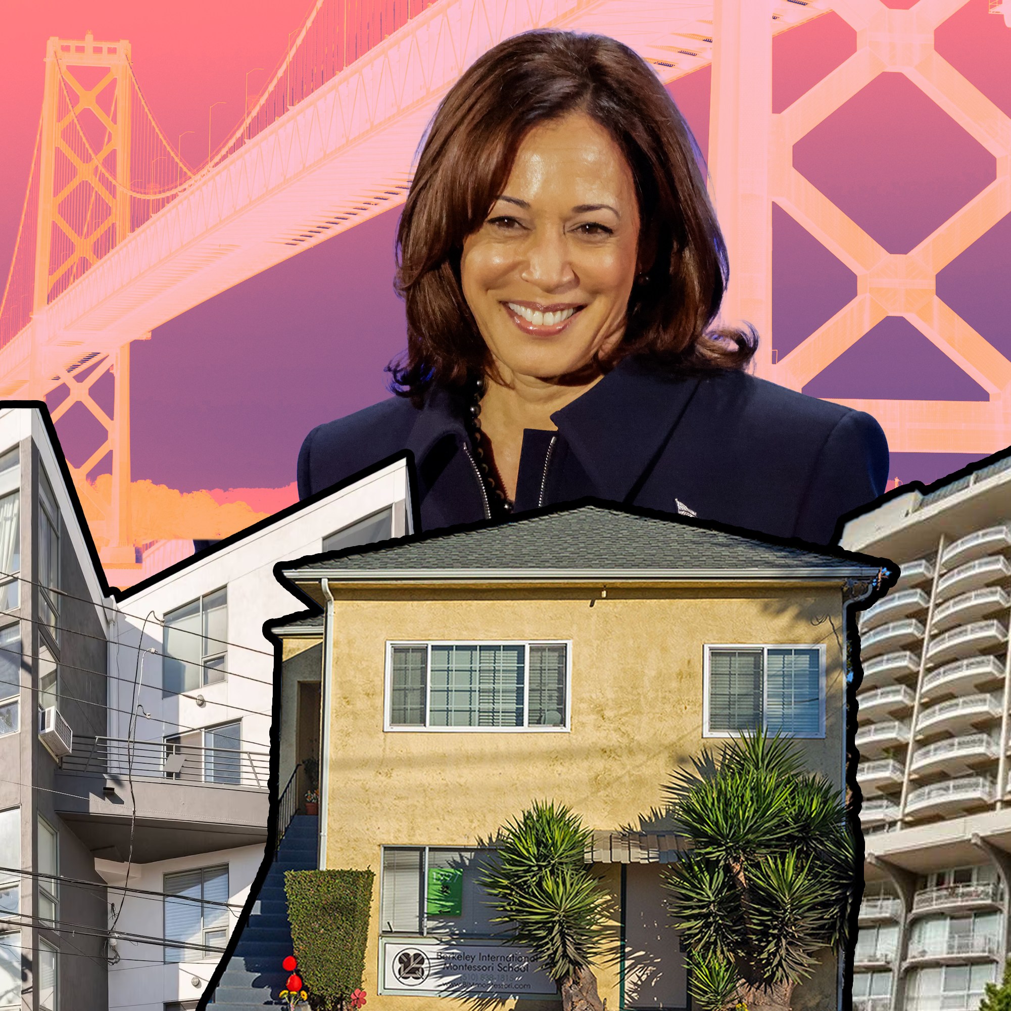 The image features a smiling woman in front of the Bay Bridge with three different apartment buildings in the foreground, each showcasing distinct architectural styles.