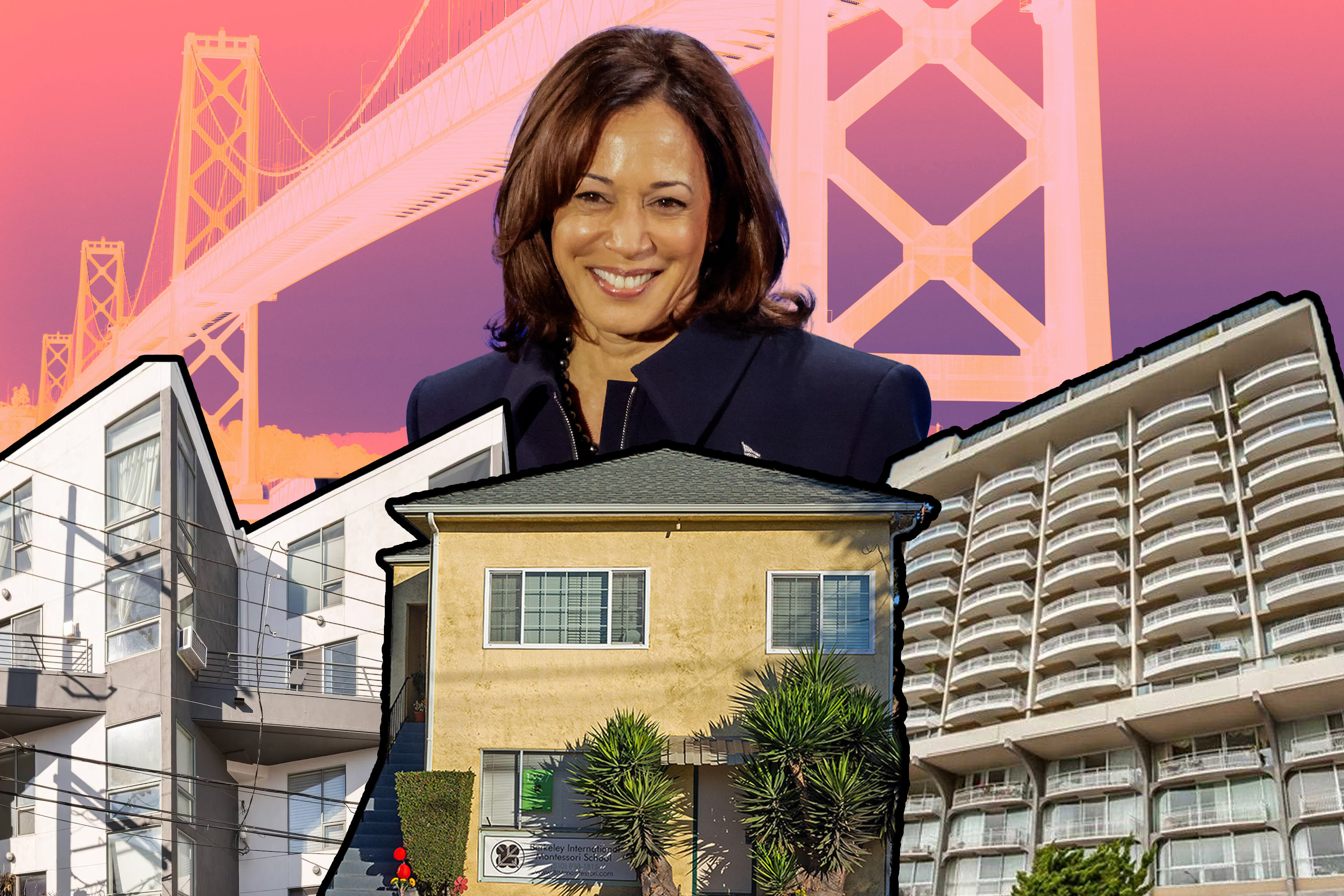 The image features a smiling woman in front of the Bay Bridge with three different apartment buildings in the foreground, each showcasing distinct architectural styles.