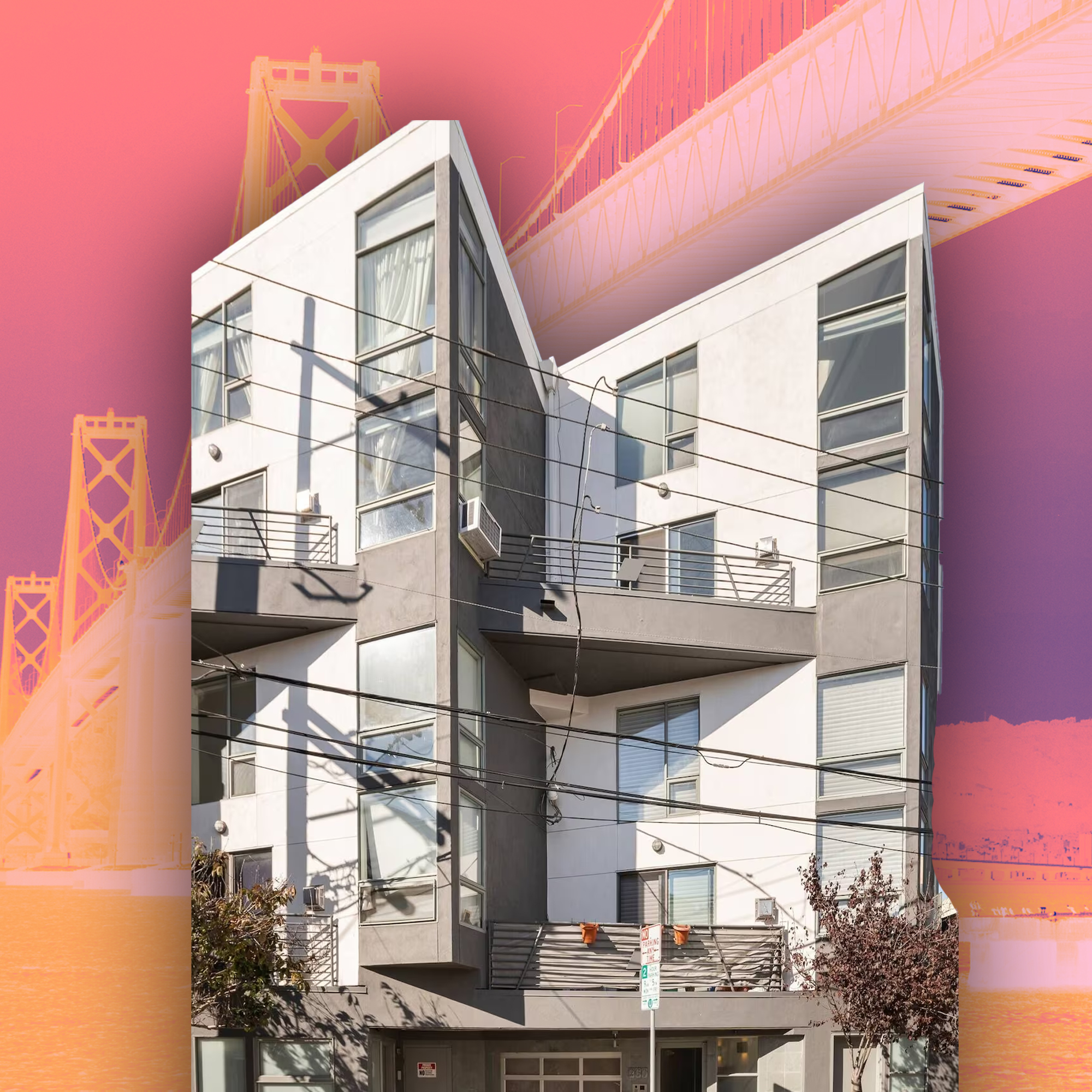 The image shows a modern, angular, multi-story building with large windows and balconies in front of a colorful gradient background featuring the Bay Bridge.