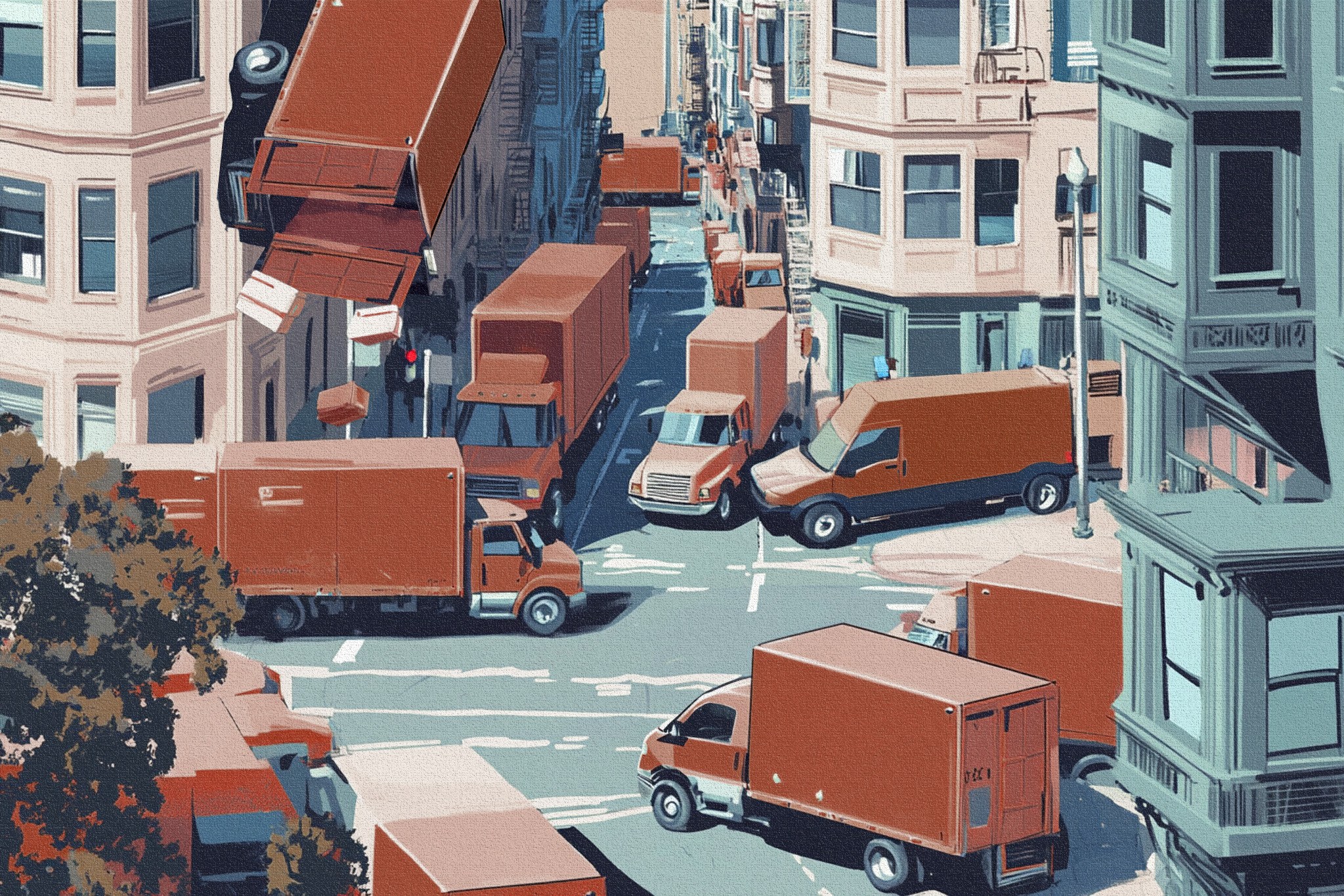 A city street corner is congested with numerous brown delivery trucks, creating a traffic jam amid tall, beige buildings with bay windows and a few trees.