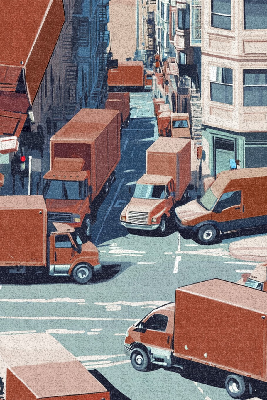 A city street corner is congested with numerous brown delivery trucks, creating a traffic jam amid tall, beige buildings with bay windows and a few trees.