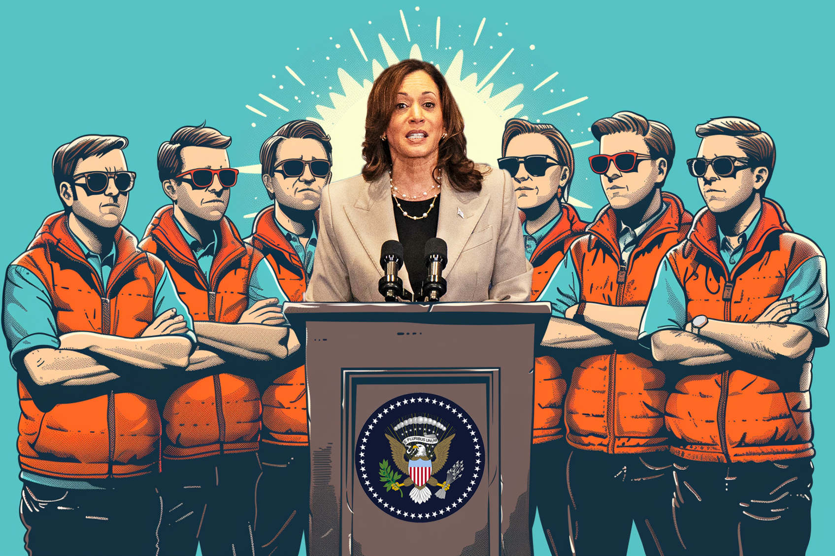 A woman stands at a podium with the U.S. presidential seal, surrounded by six cartoon men in red vests and sunglasses against a turquoise background.