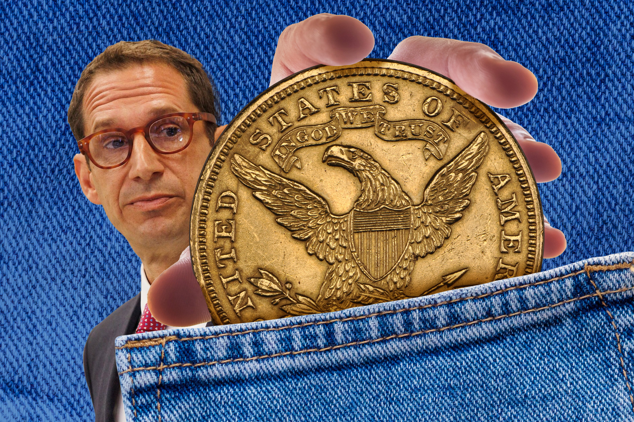 An illustration of Daniel Lurie holding a large coin