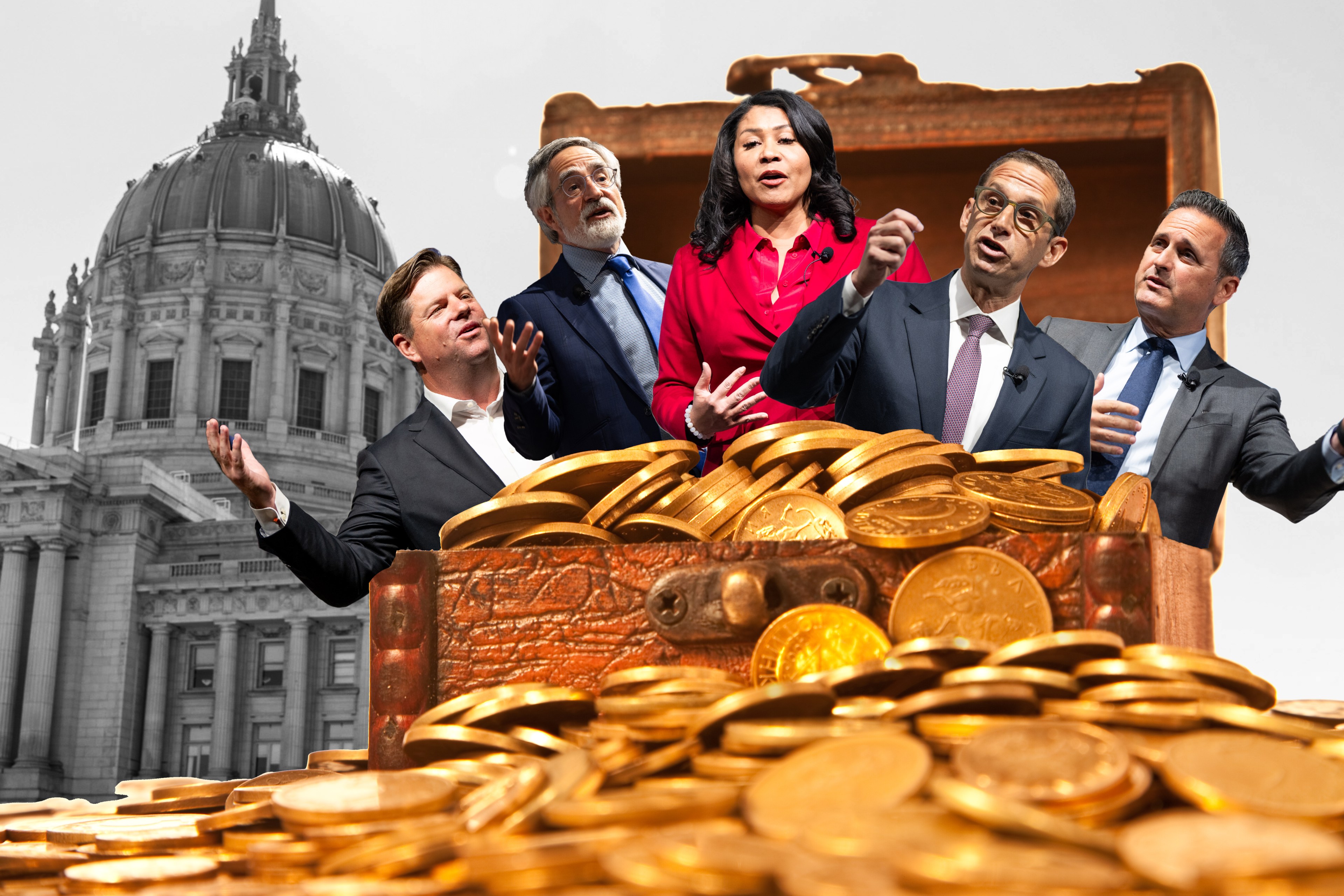 Five people in professional attire stand behind an overflowing treasure chest of gold coins, with a domed government building in the background.