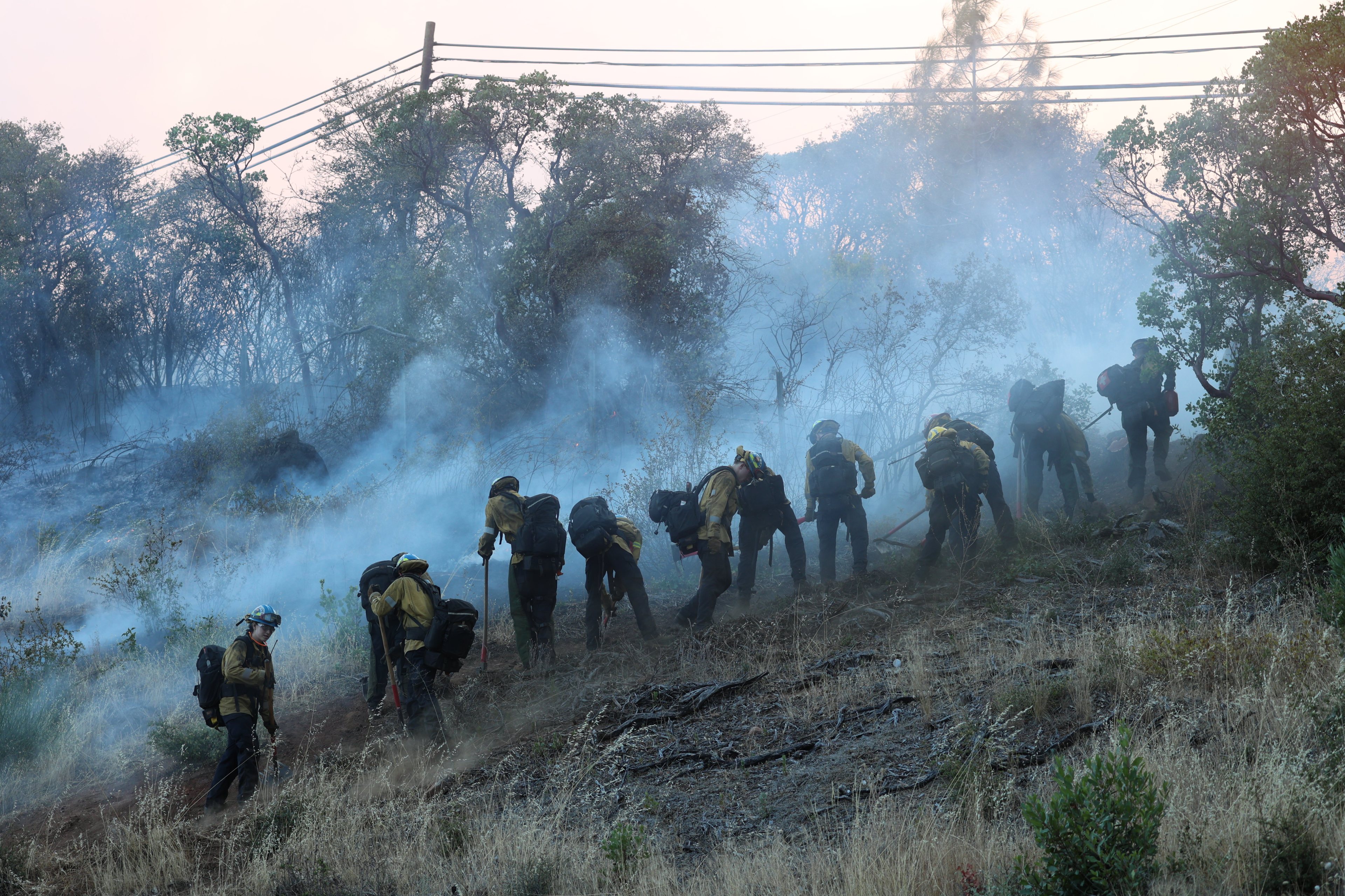 Wildland firefighters in protective gear work in a smoky, wooded area, digging and managing underbrush to control a fire.