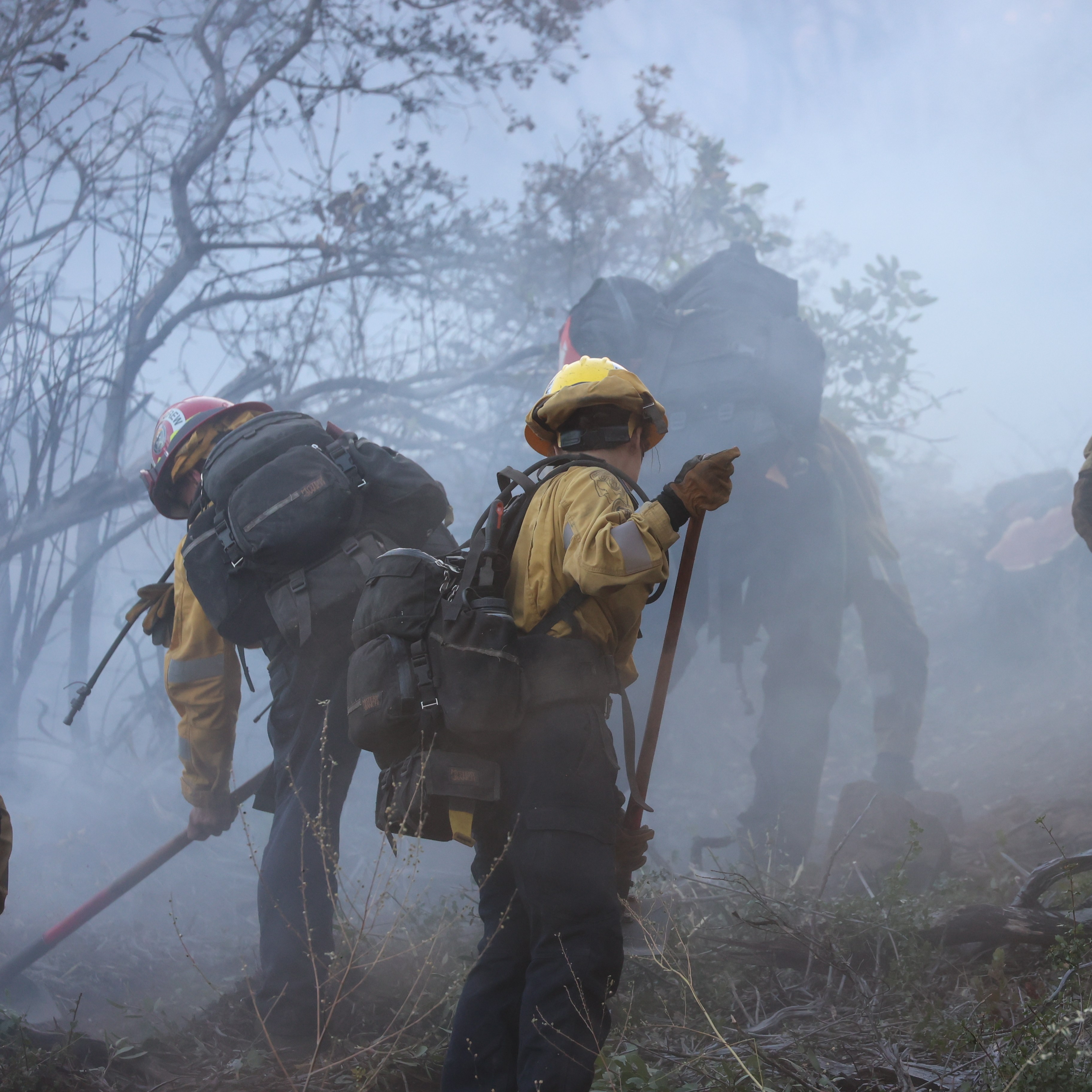 Firefighters in helmets and gear, carrying tools and backpacks, walk through a smoky, wooded area battling a wildfire.