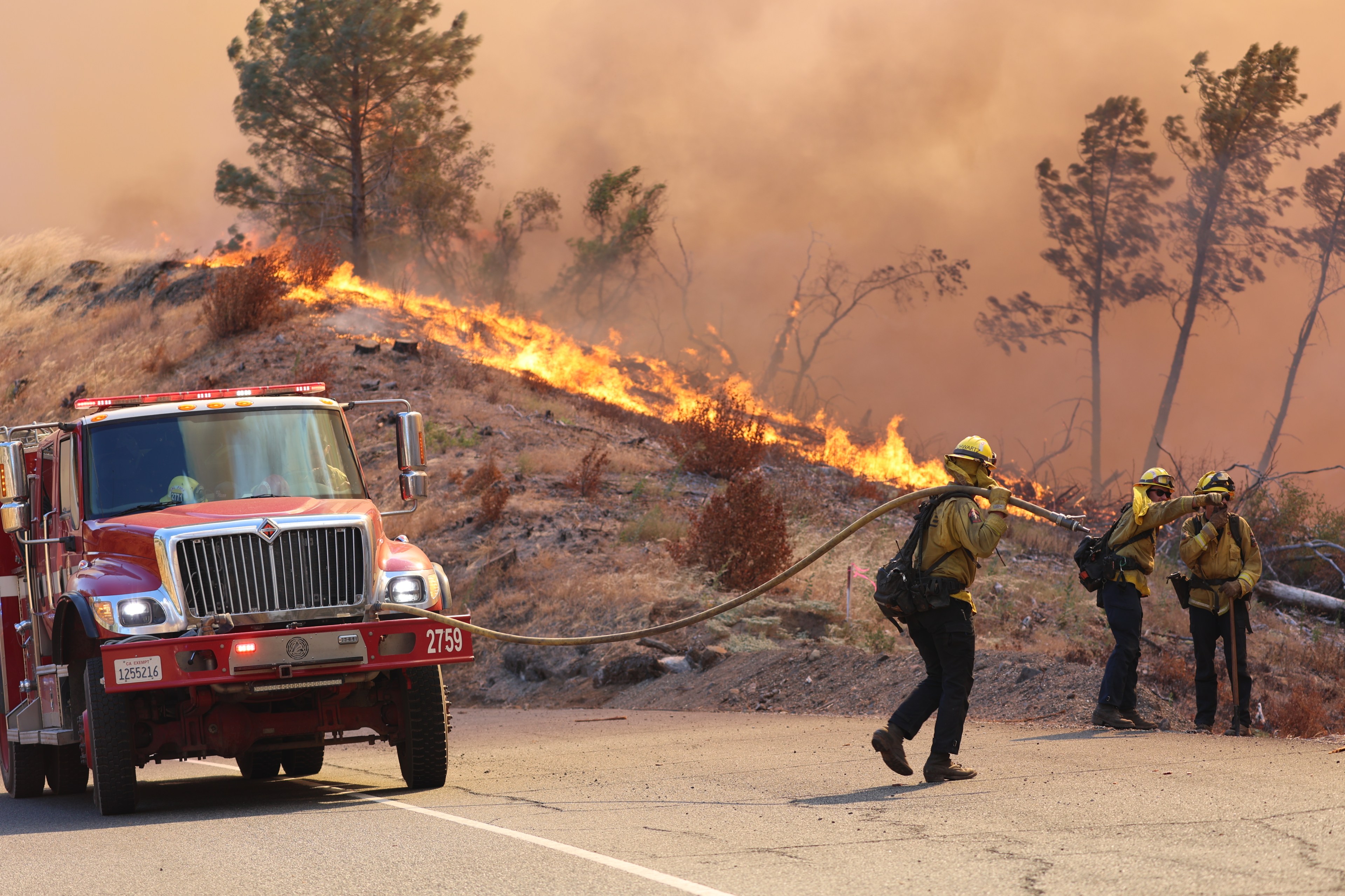 Three firefighters pull a hose from a red fire truck towards a hillside ablaze, with flames and smoke engulfing dry vegetation and surrounding trees.