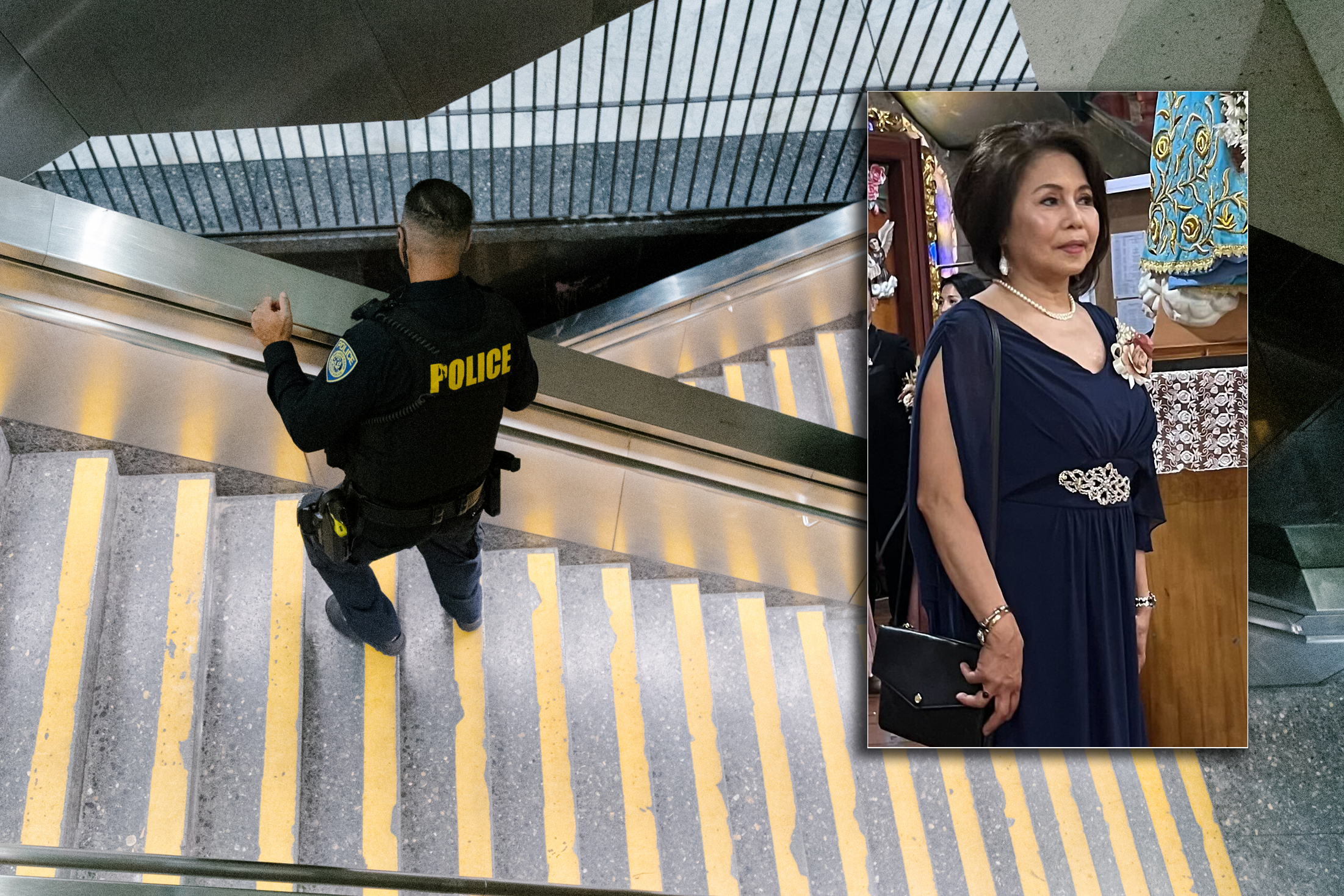 A police officer in uniform is descending stairs with yellow lines. An inset image shows a woman in a dark blue formal dress with pearl necklace standing indoors.