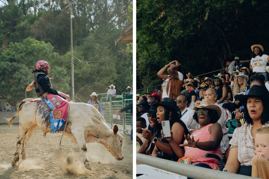 The image shows a rodeo scene. On the left, a person in a helmet and protective gear rides a bucking bull. On the right, a diverse crowd of people enthusiastically cheers.