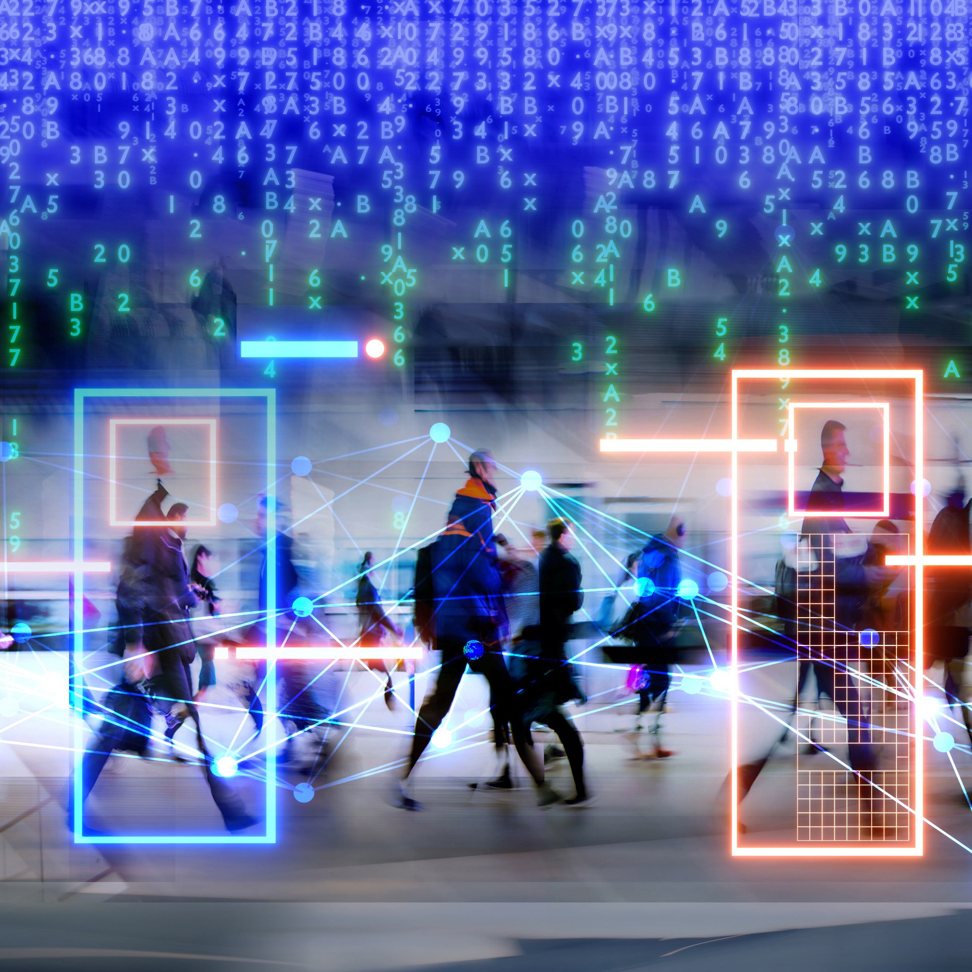 The image depicts a busy crowd walking beneath a digital overlay of code, grids, and connection lines, suggesting data analysis or surveillance in a technology-driven environment.