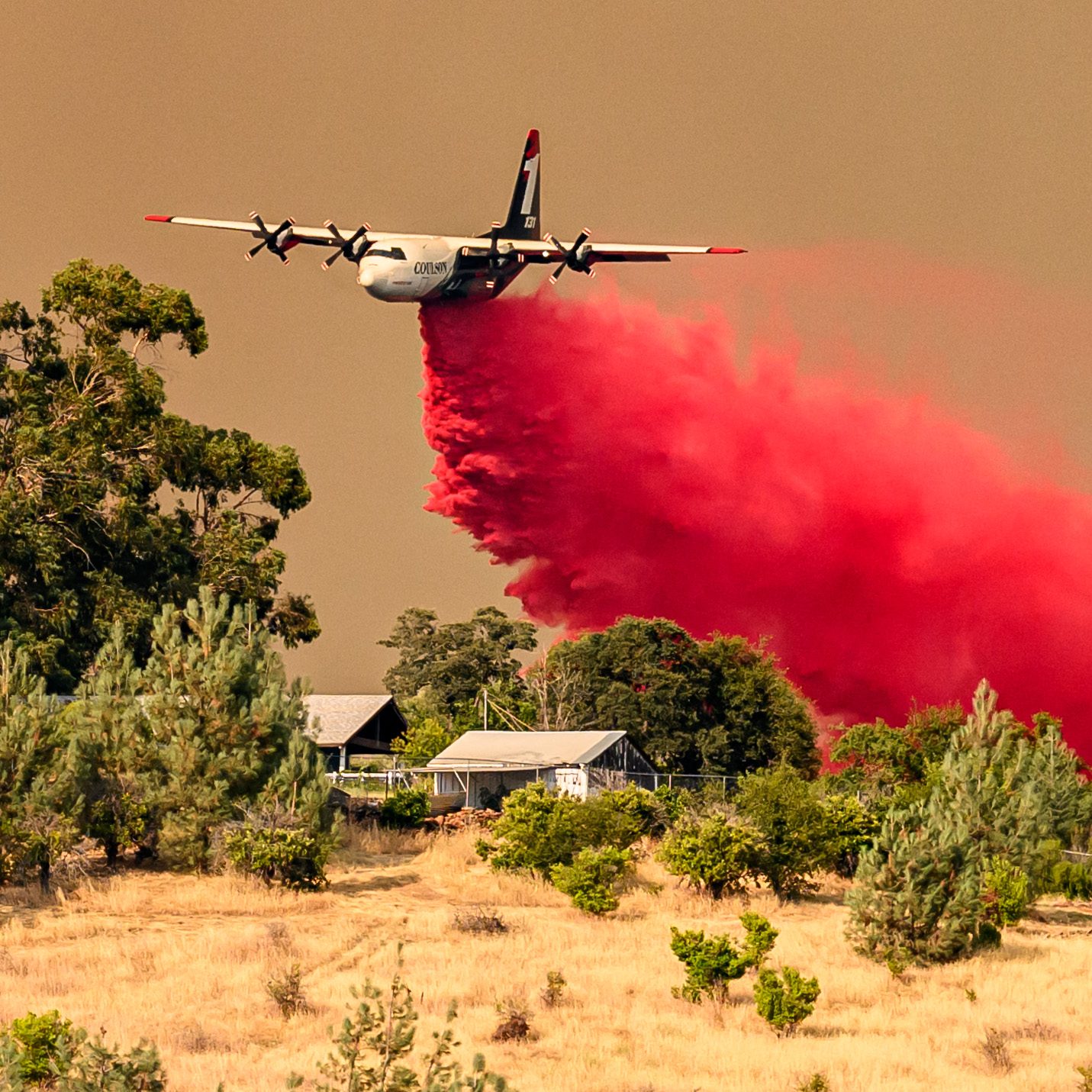 An airplane drops a large amount of red fire retardant over a wooded area with some houses, likely to combat a nearby wildfire.