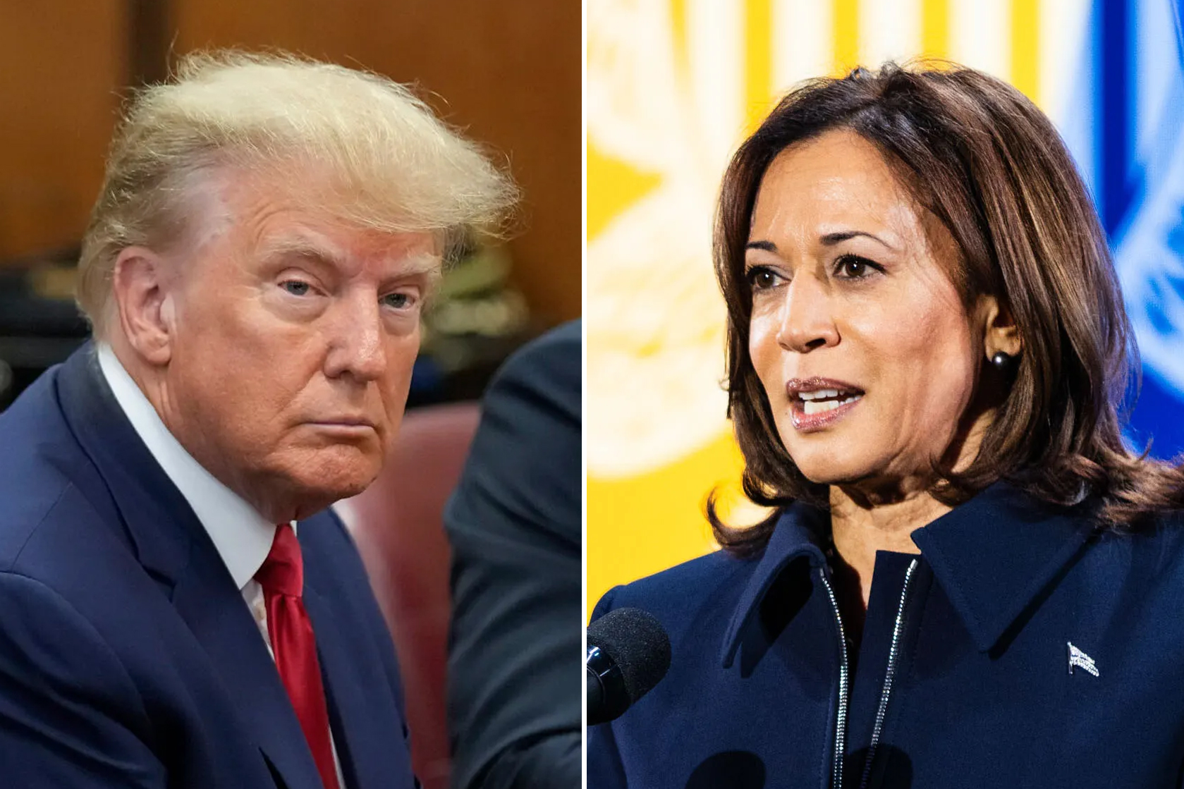 The image is split in half, showing a man in a suit and red tie on the left and a woman speaking at a podium on the right, with a yellow and blue background.